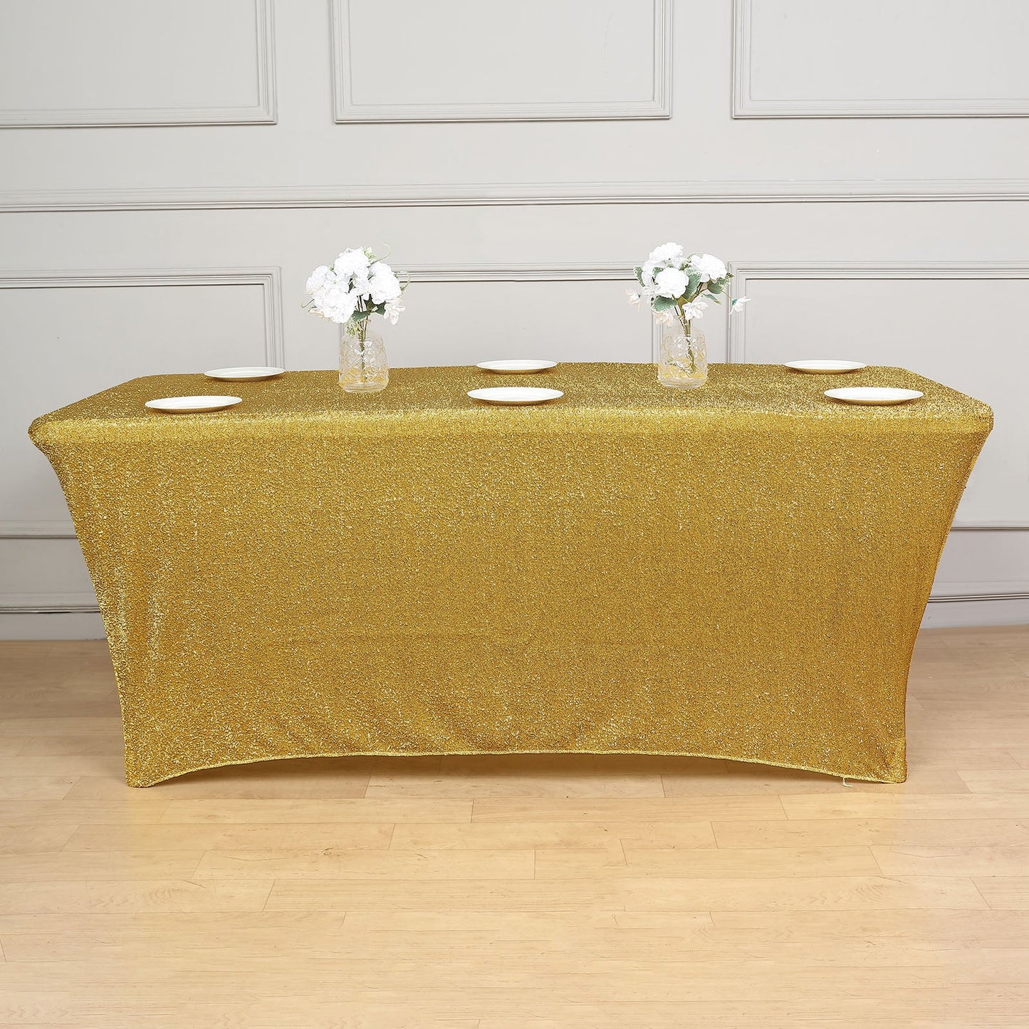 Gold Metallic Shimmer Tinsel Spandex Tablecloth 6ft Rectangle Fitted Table Cover for 72"x30" Tables