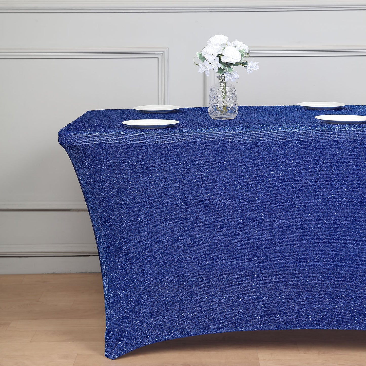 Metallic Rectangular Royal Blue Tinsel Shimmer Spandex Table Cover 6 Feet