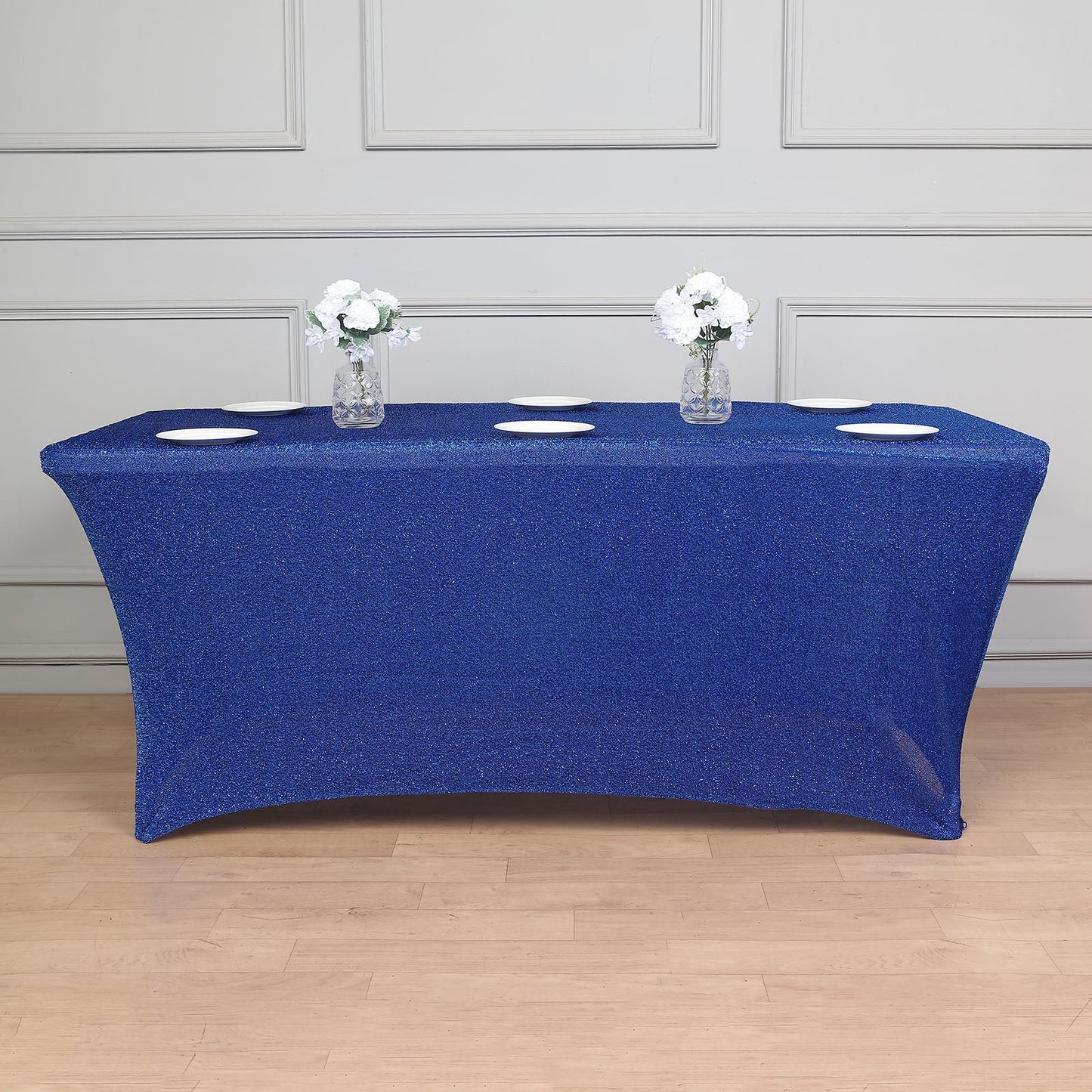 Royal Blue Metallic Shimmer Tinsel Spandex Tablecloth 6ft Rectangle Fitted Table Cover for 72"x30" Tables