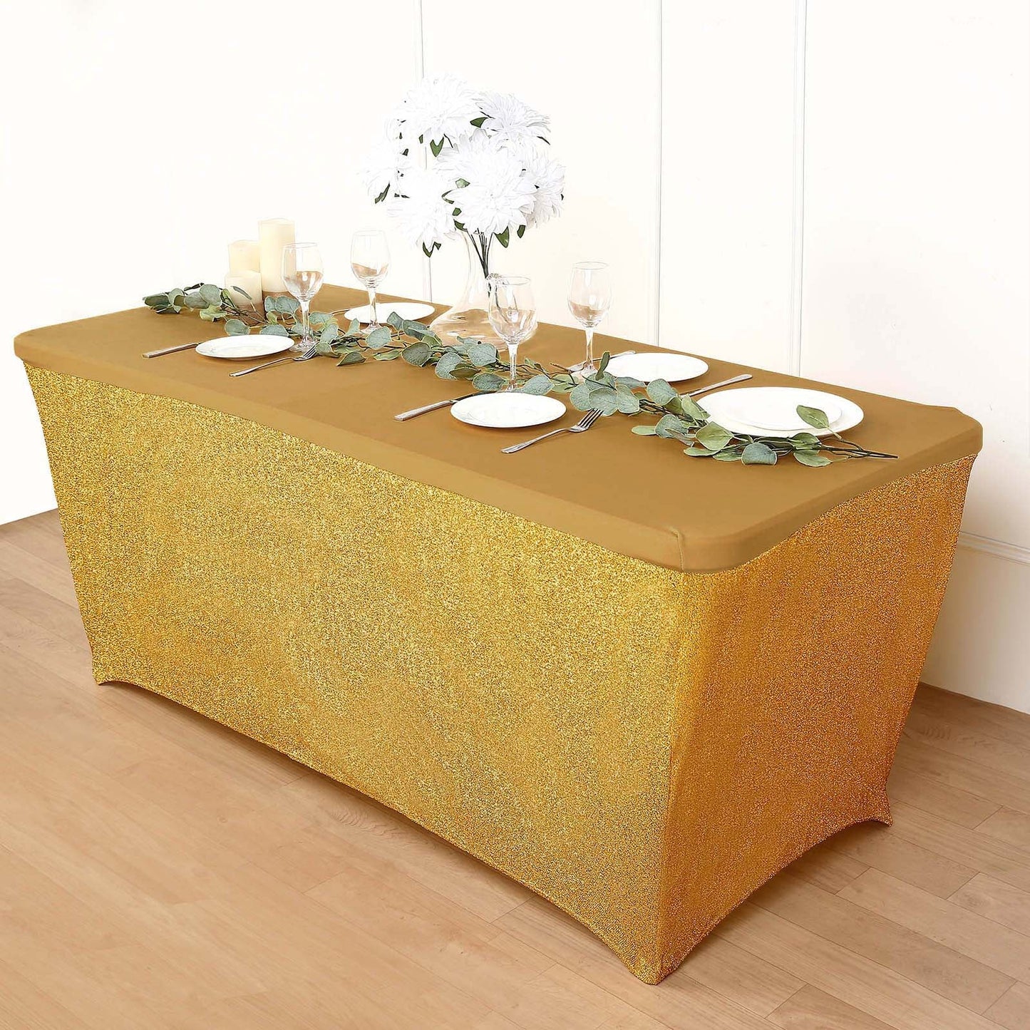 Rectangular 6 Feet Fitted Tablecloth In Gold Shimmer Tinsel Spandex