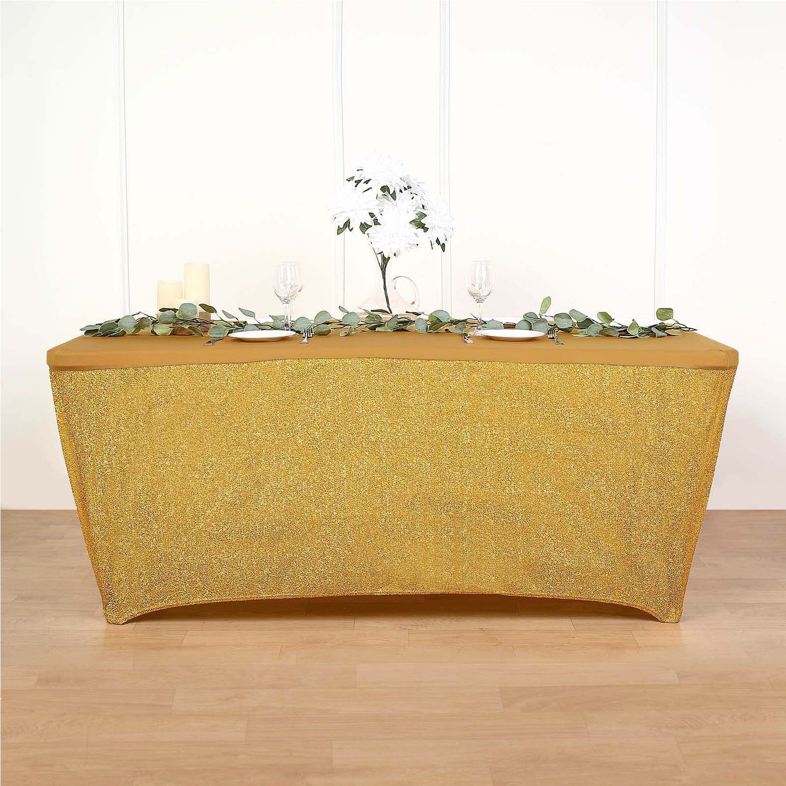 Gold Shimmer Tinsel Table Cover 6 Feet Rectangular Fitted