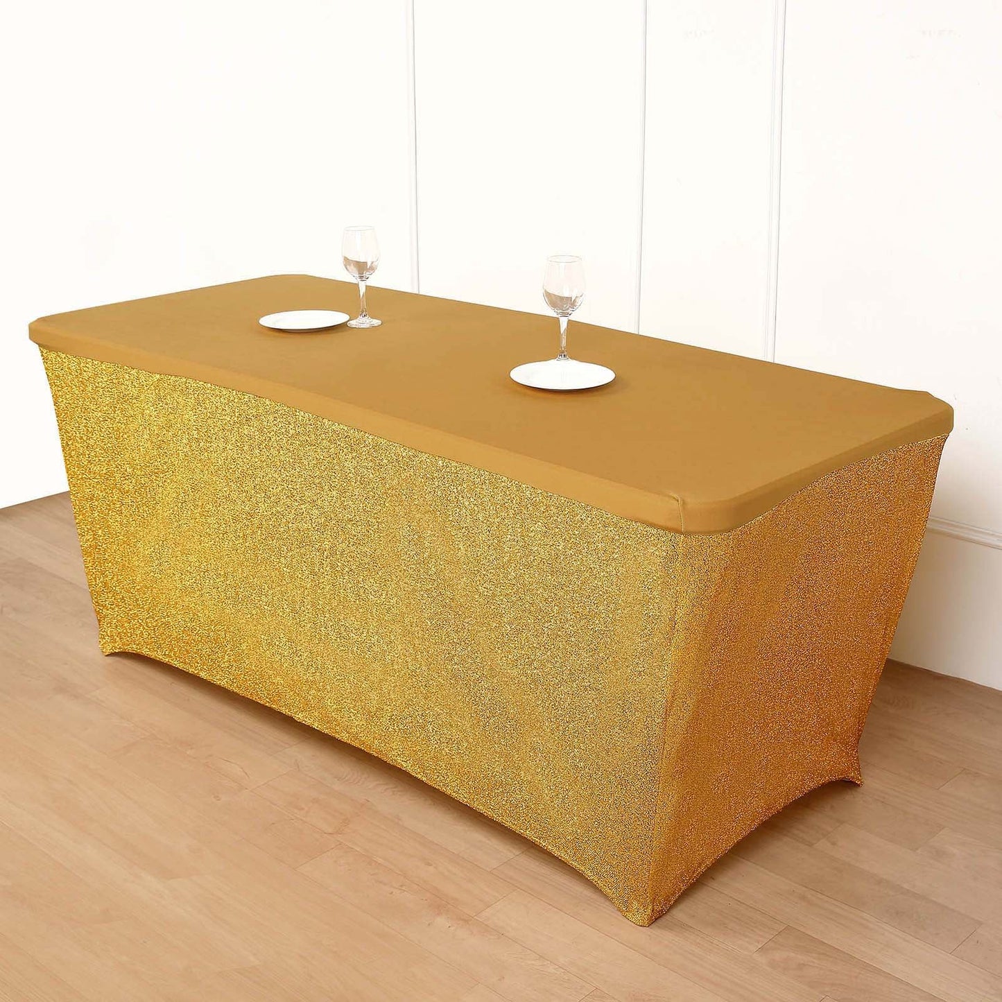 6ft Gold Metallic Shimmer Tinsel Spandex Table Cover With Plain Top, Rectangular Fitted Tablecloth