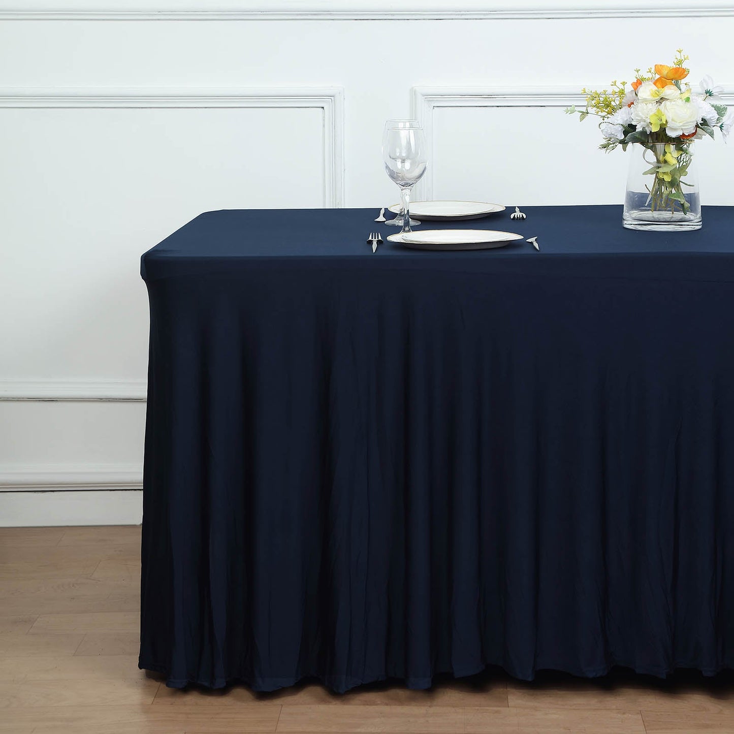 6ft Navy Blue Wavy Spandex Fitted Rectangle 1-Piece Tablecloth Table Skirt
