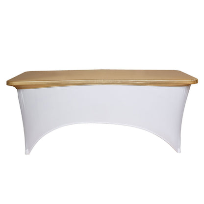 Metallic gold fitted table cover for 6ft banquet table. Wrinkle-free design.