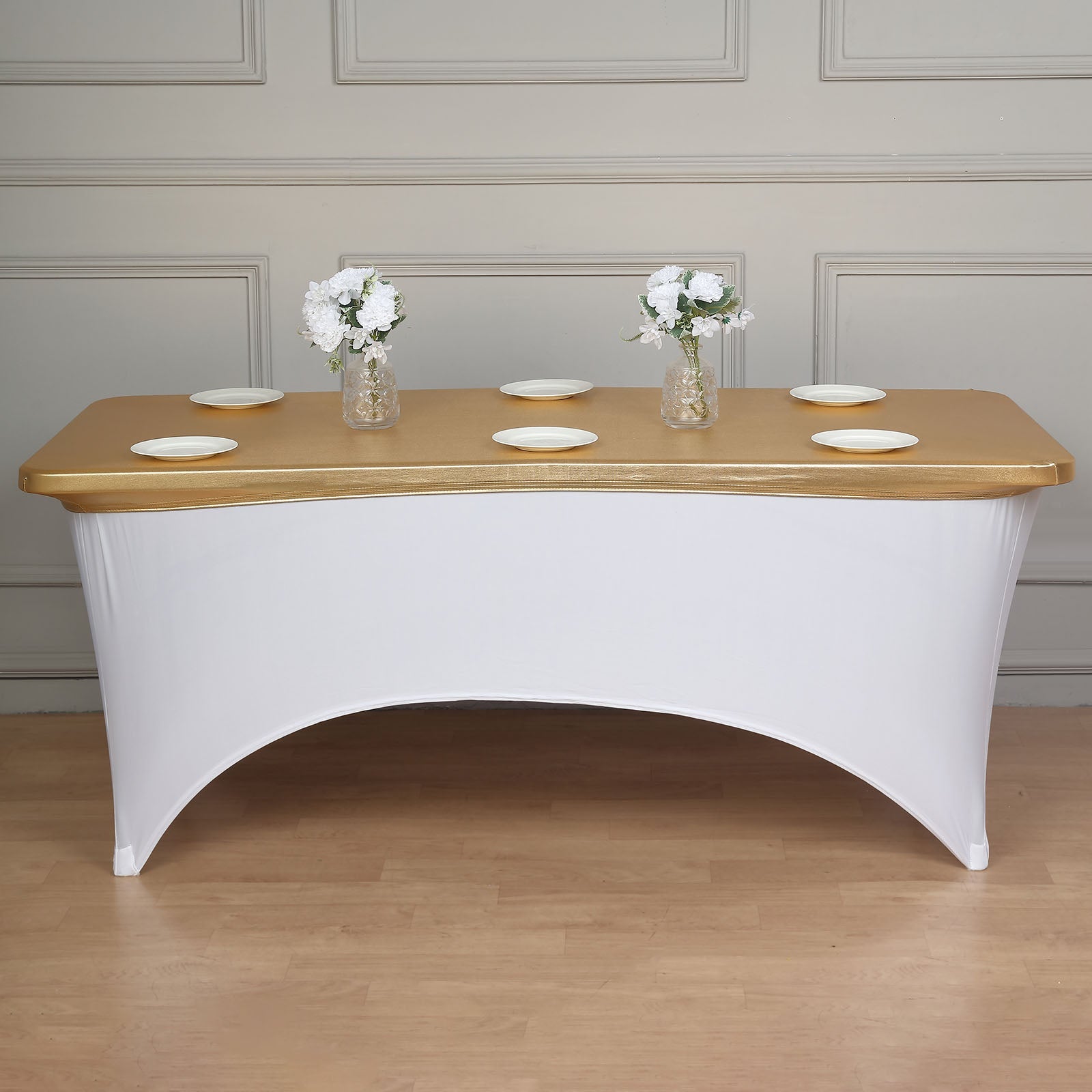 Metallic gold fitted table cover for 6ft banquet table with floral decor.