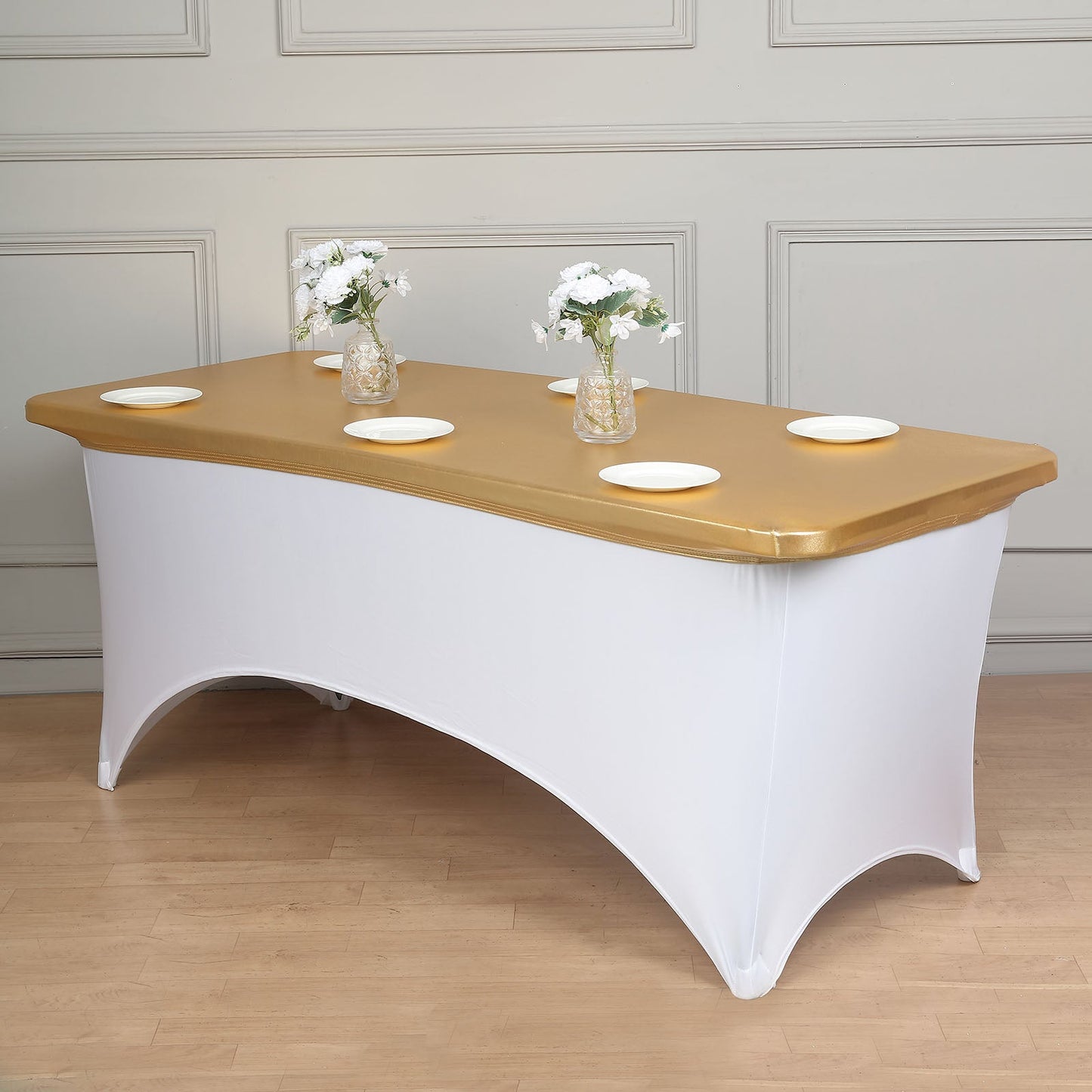 Metallic gold fitted table cover for 72"x30" banquet table.