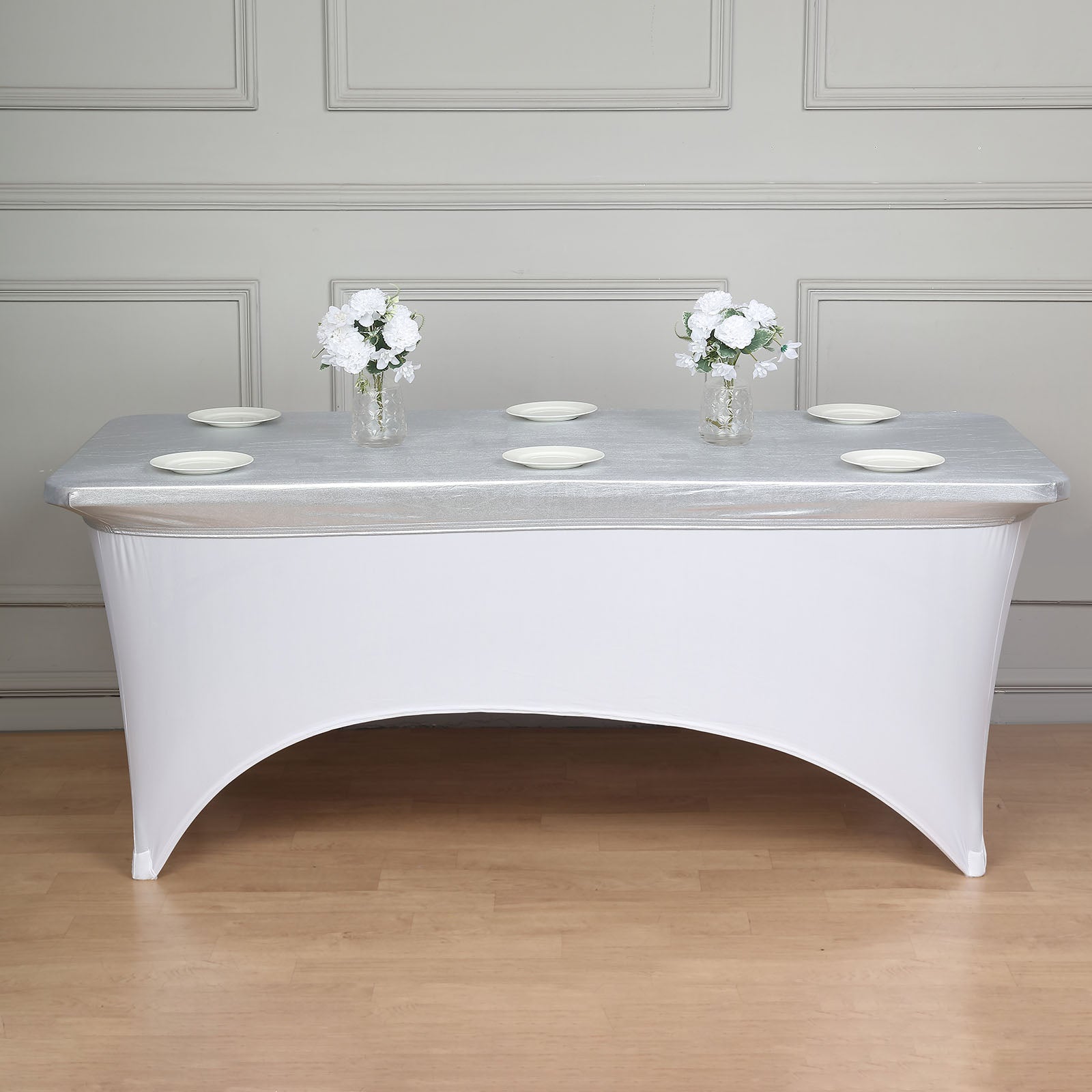 Metallic silver fitted table cover for 6ft banquet table.