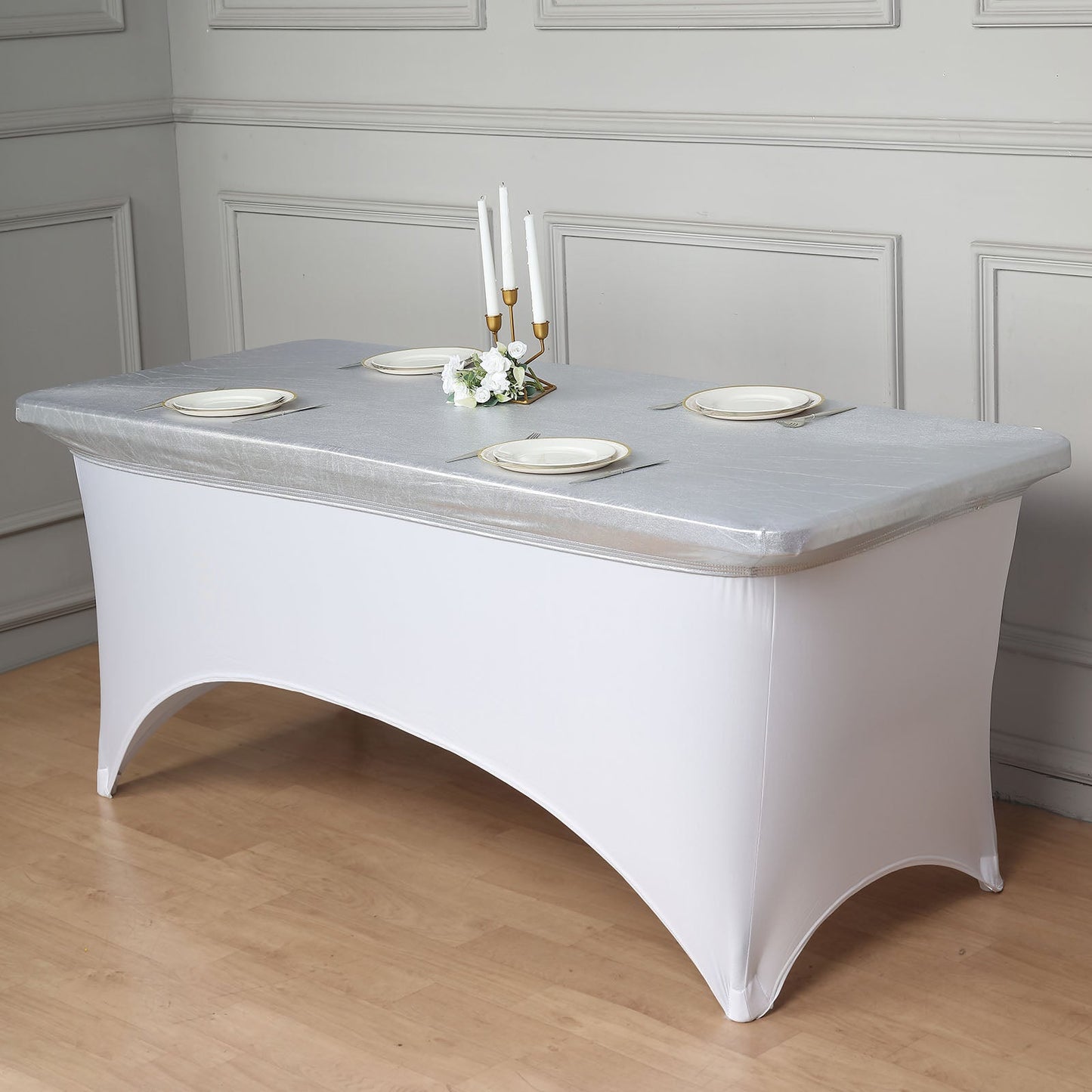 Metallic silver fitted table cover for 6ft banquet table with plates.