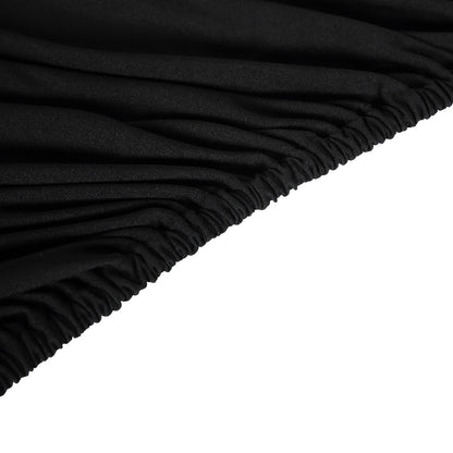 Black fitted table cover for 6ft tables, wrinkle-free and stretchy.