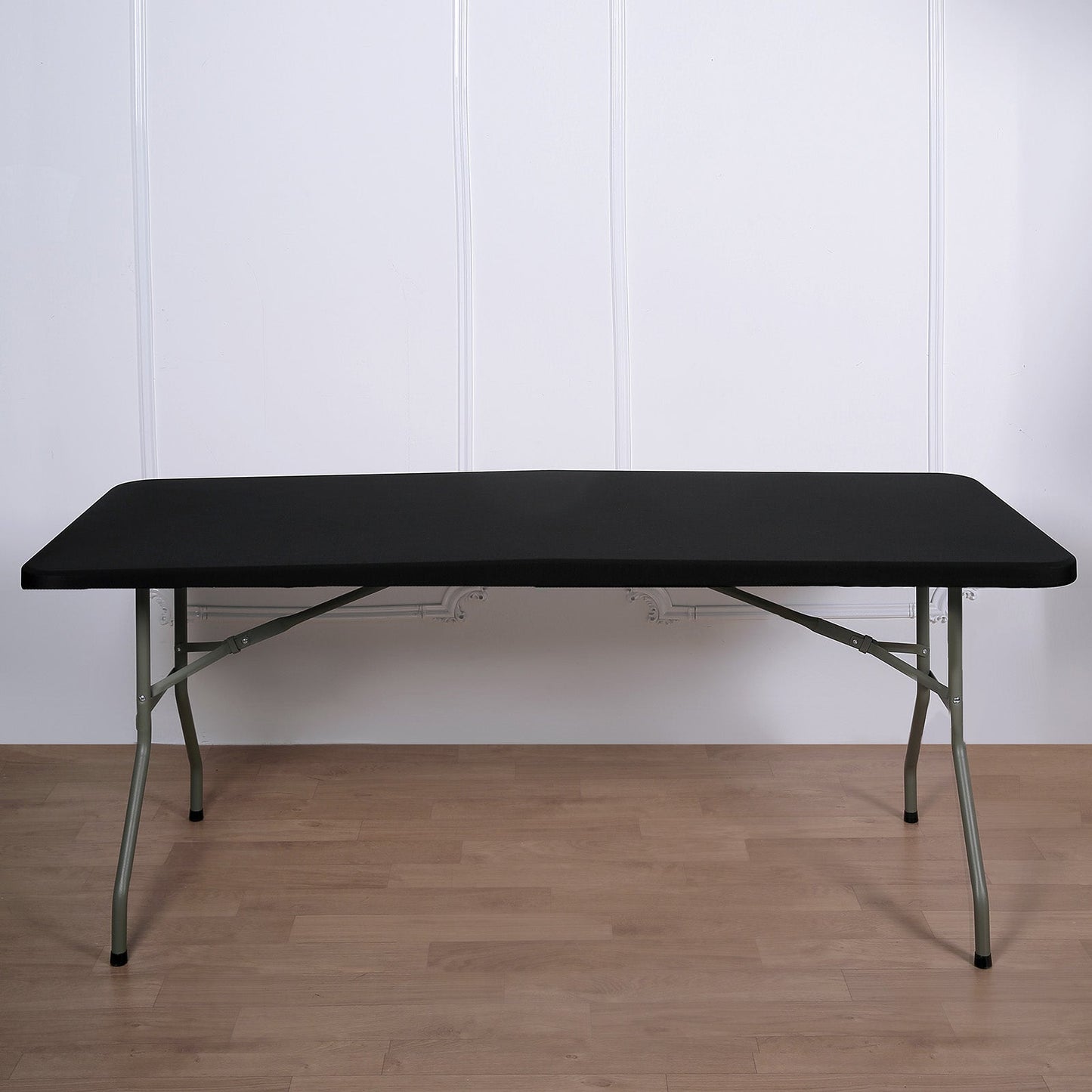 Black fitted spandex table cover for 6ft banquet tables.