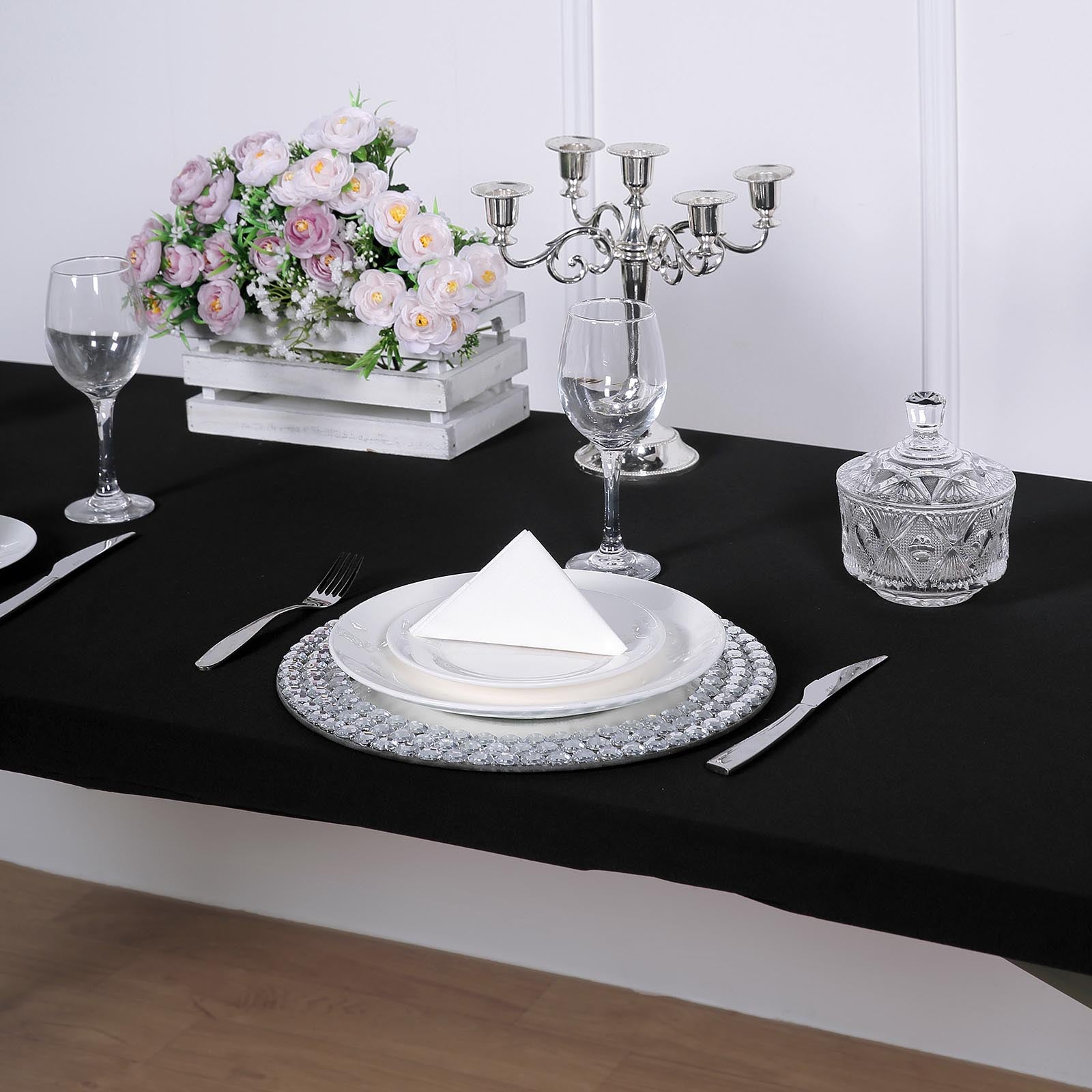 Black fitted tablecloth cover for 72"x30" banquet tables.