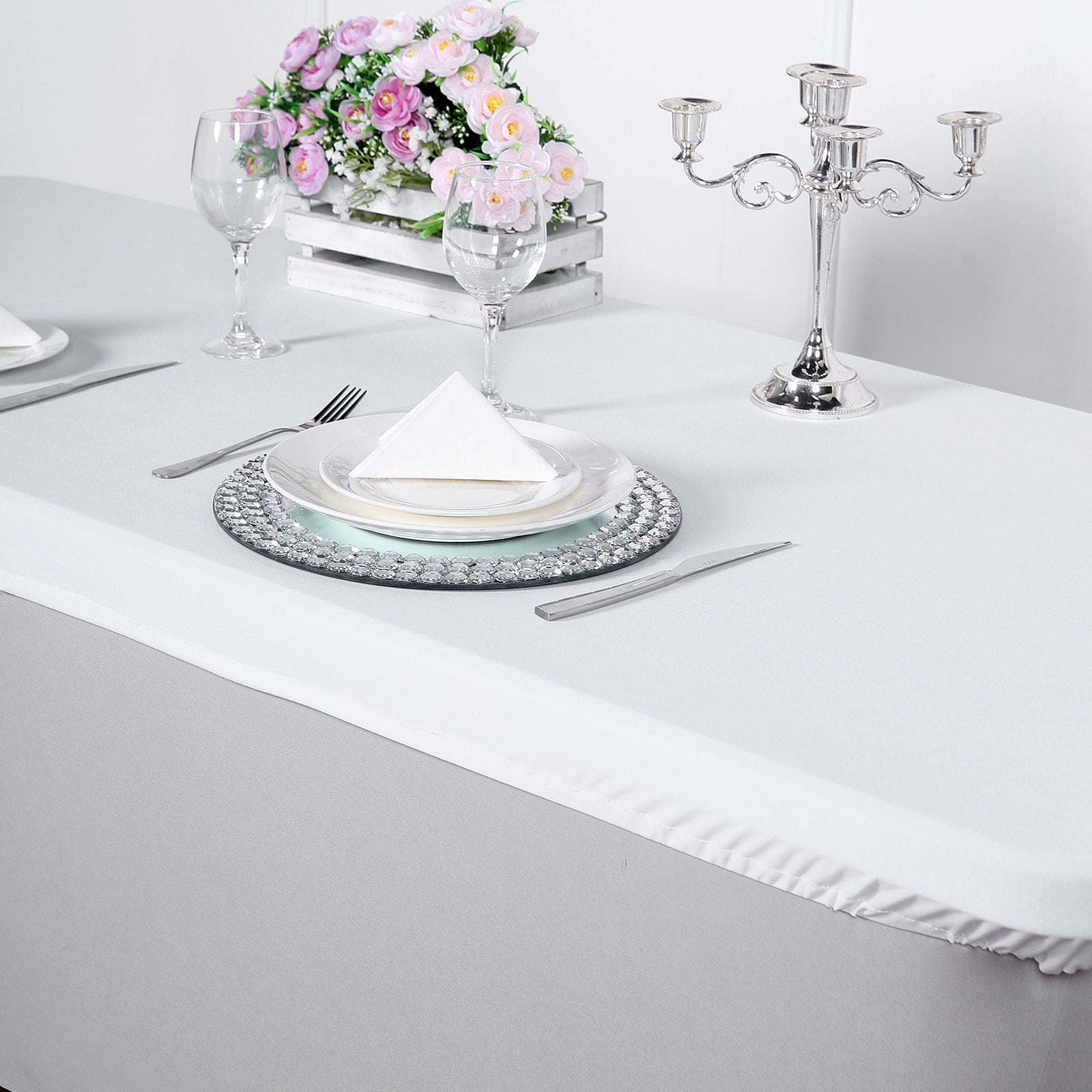 White fitted table cover for 72"x30" tables, wrinkle-free design.
