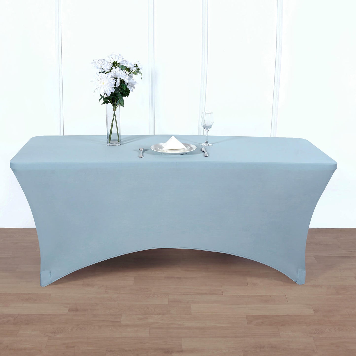 Dusty Blue Stretch Spandex Rectangle Tablecloth 8ft Wrinkle Free Fitted Table Cover for 96"x30" Tables