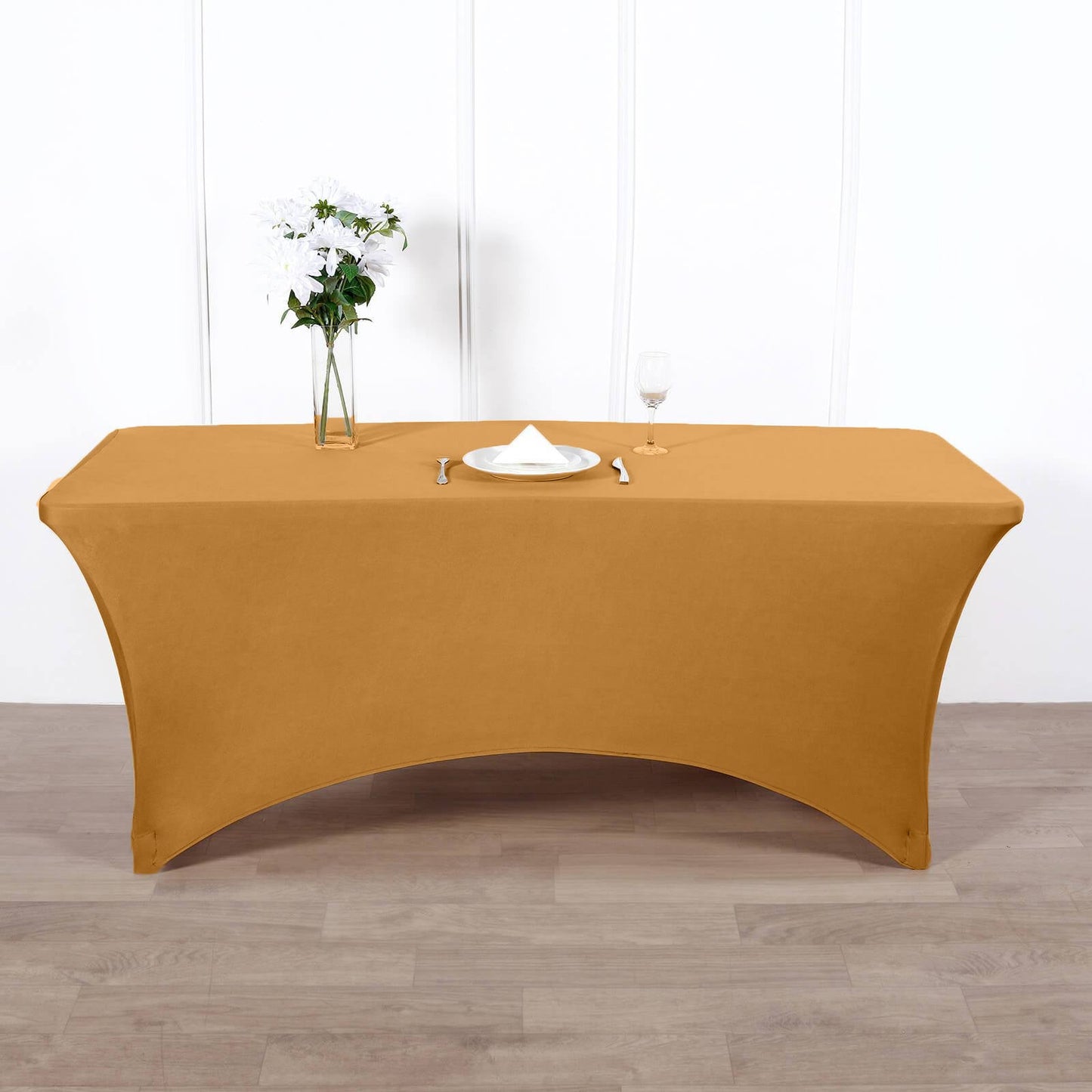 Gold Stretch Spandex Rectangle Tablecloth 8ft Wrinkle Free Fitted Table Cover for 96"x30" Tables