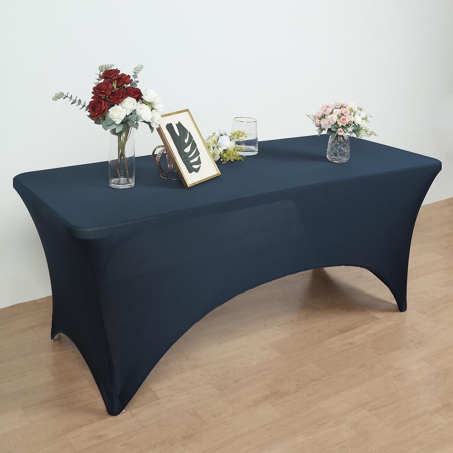 Navy Blue Spandex Fitted Rectangular Stretch Tablecloth with Open Back - 8 Feet
