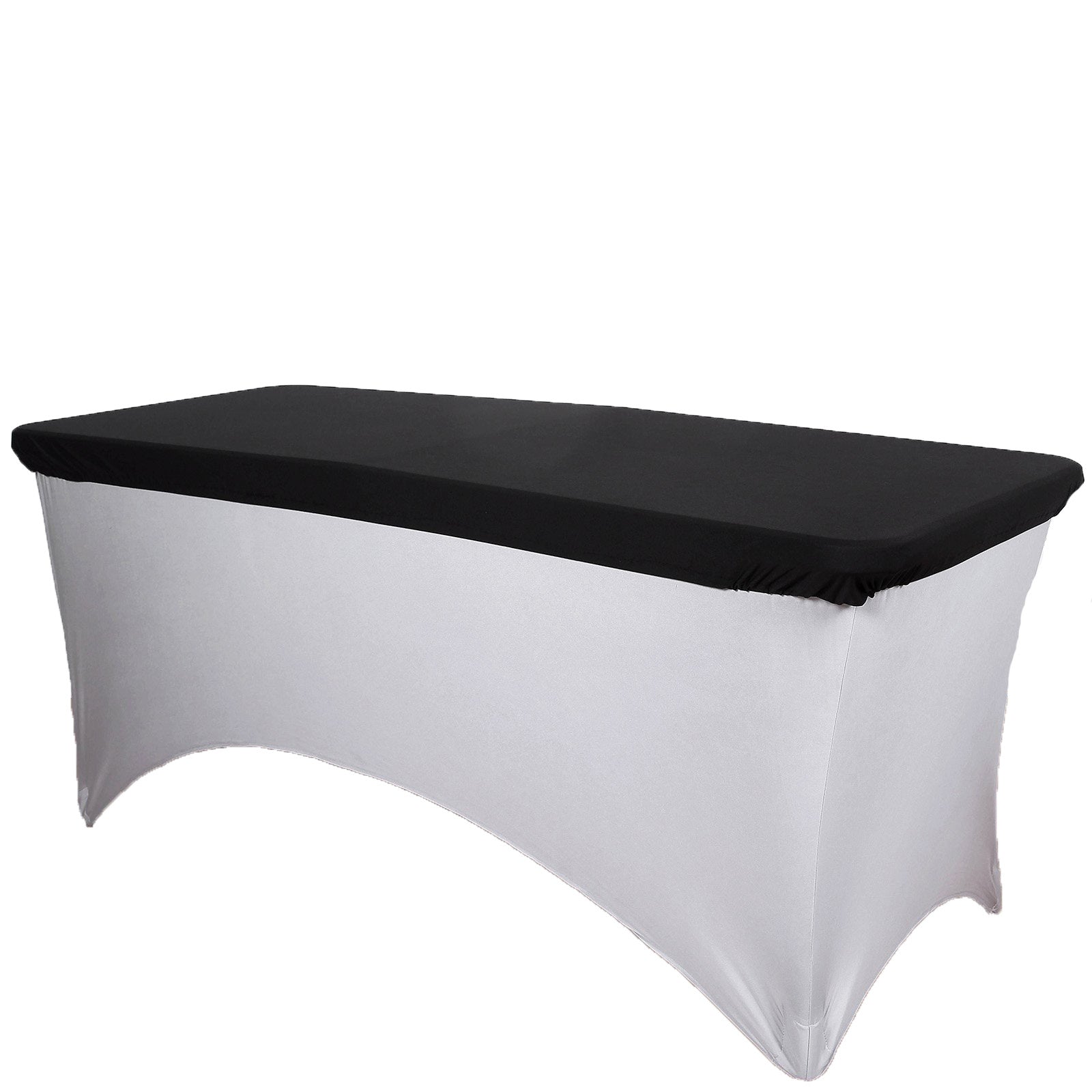 Black fitted table cover for 72"x30" tables, wrinkle-free design.