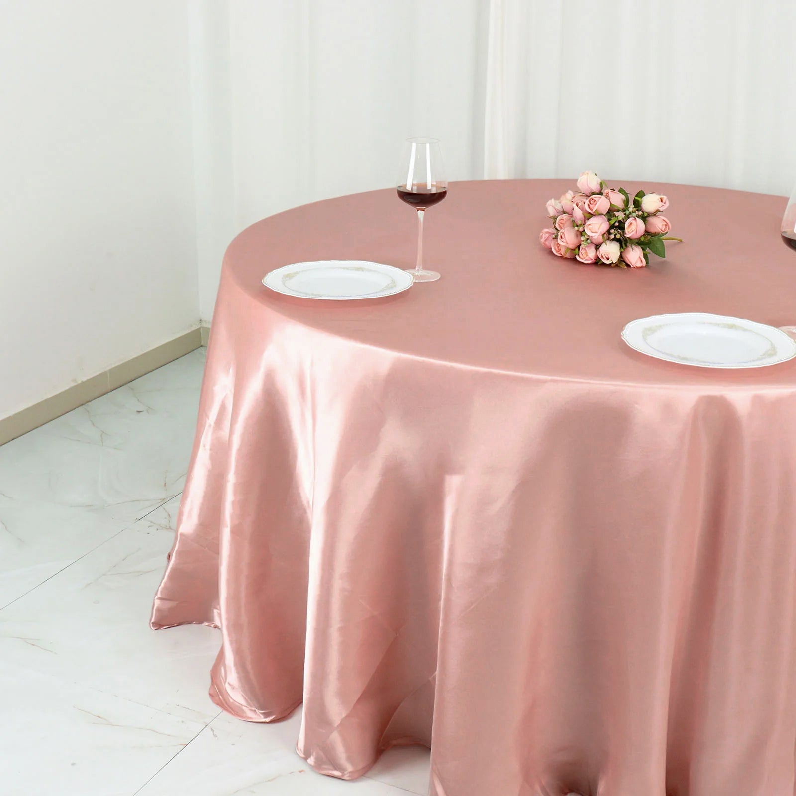 132 Inch Dusty Rose Satin Round Tablecloth