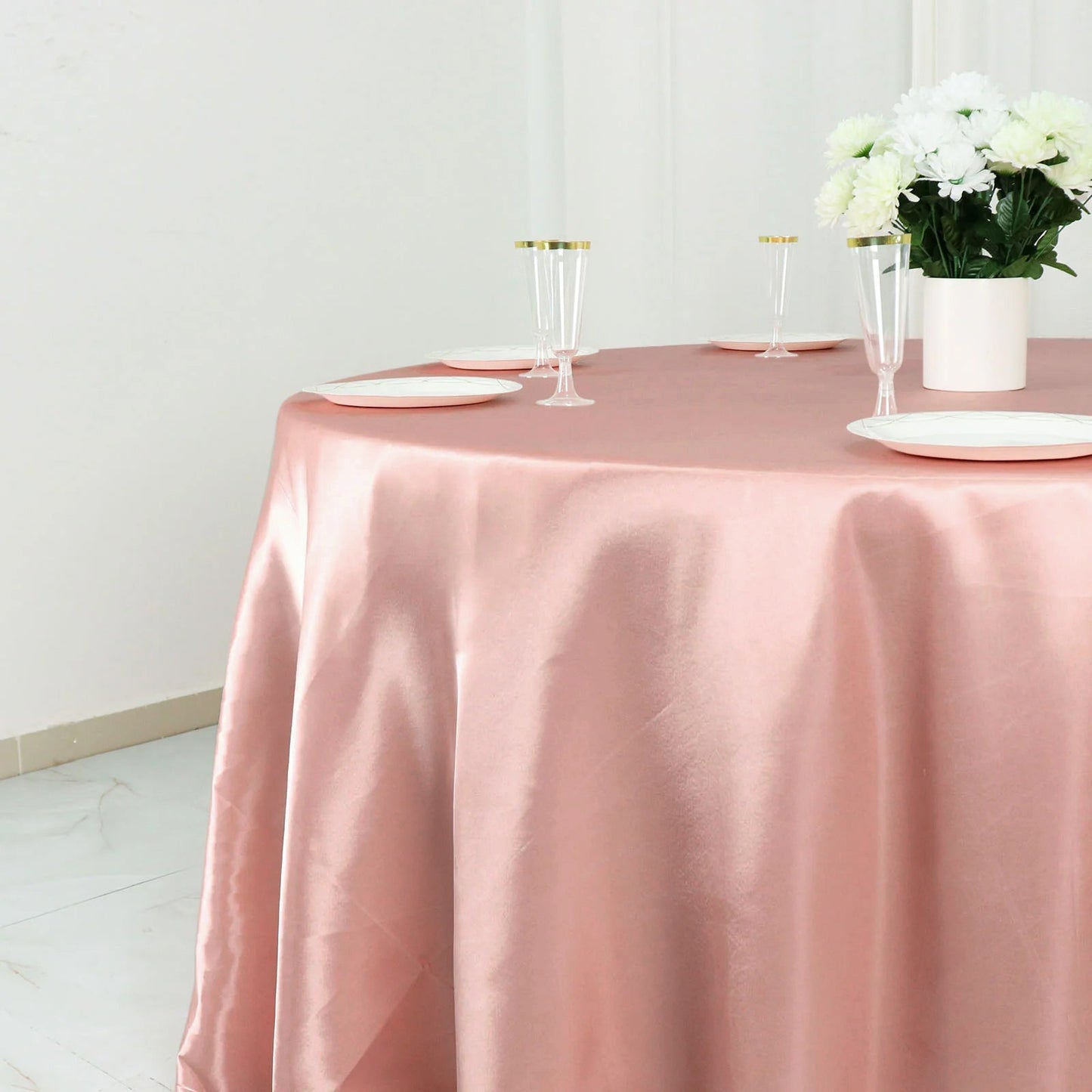 132 Inch Dusty Rose Satin Round Tablecloth