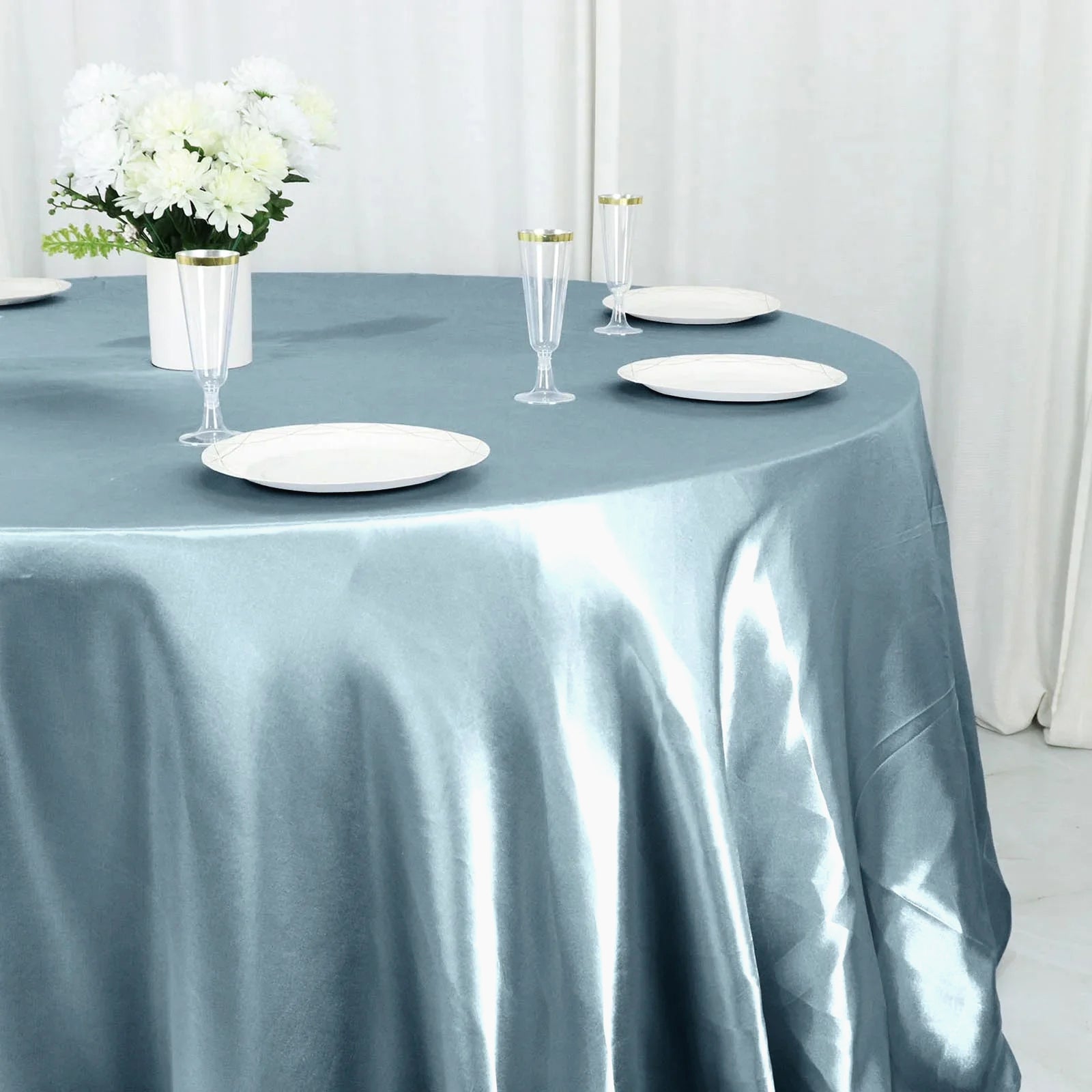 Dusty Blue Satin Round Tablecloth 132 Inches