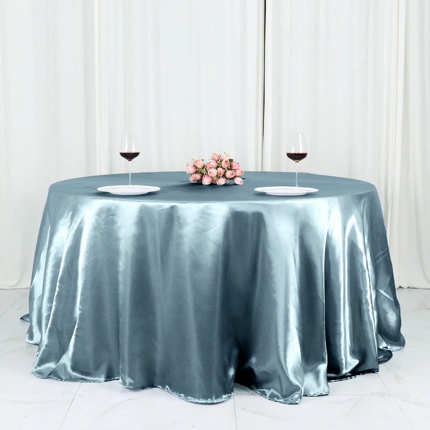 132" Dusty Blue Seamless Satin Round Tablecloth
