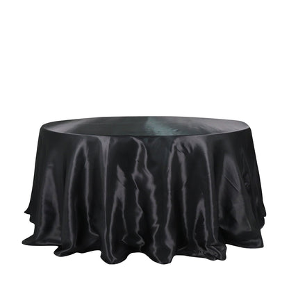 Black seamless satin round tablecloth, 132 inches.