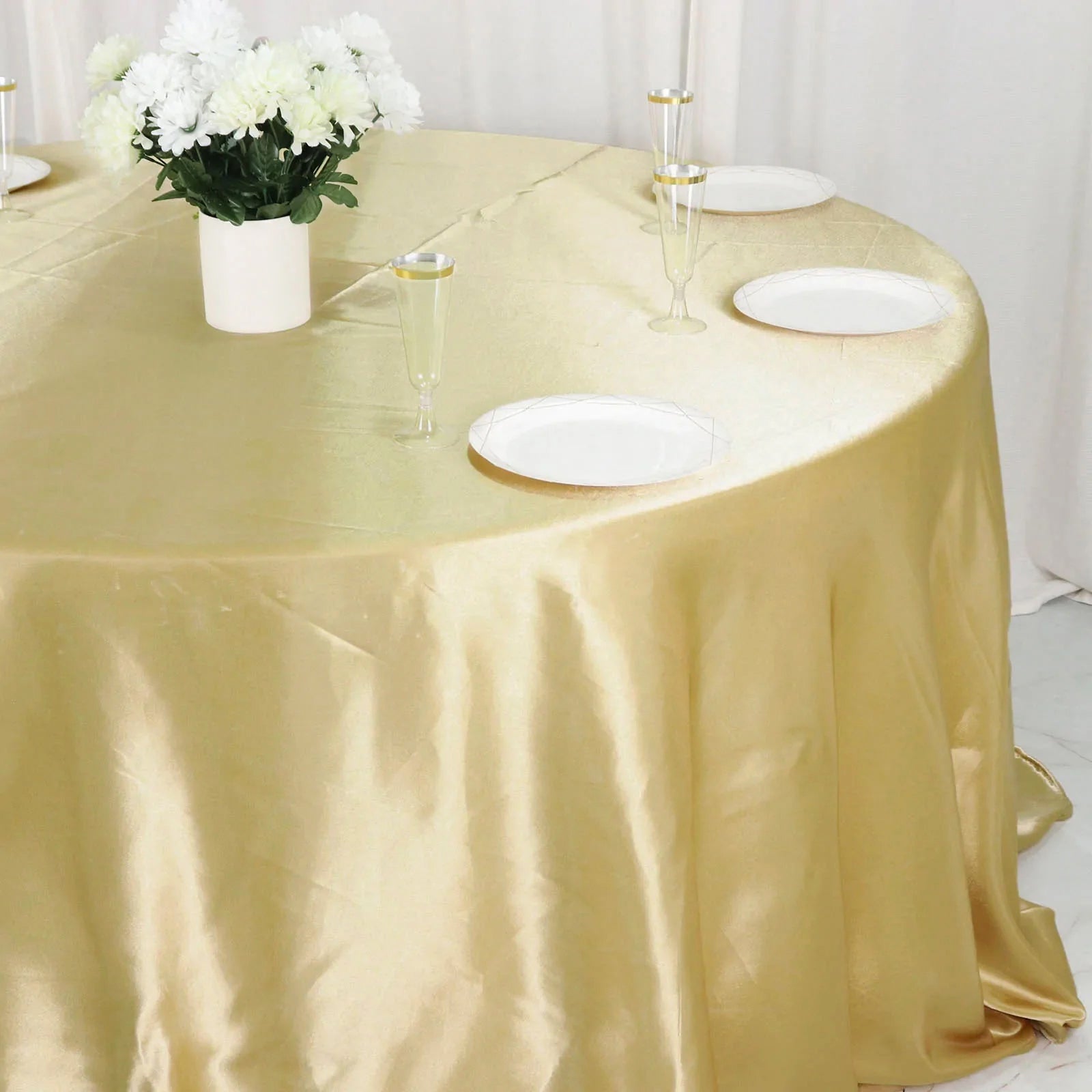 Champagne Satin Round Tablecloth 132 Inches Seamless 