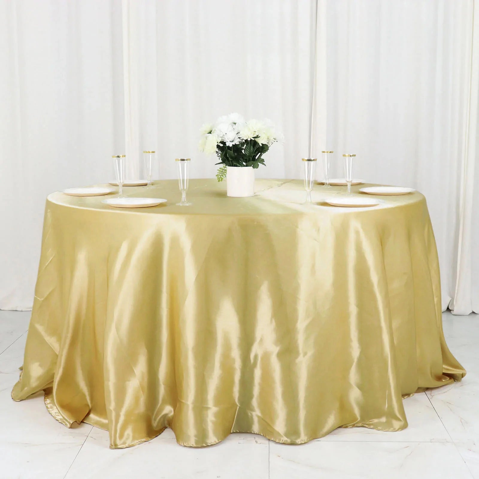 Champagne Satin Round Tablecloth 132 Inches Seamless 