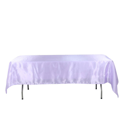 Lavender lilac satin rectangular tablecloth on a table.