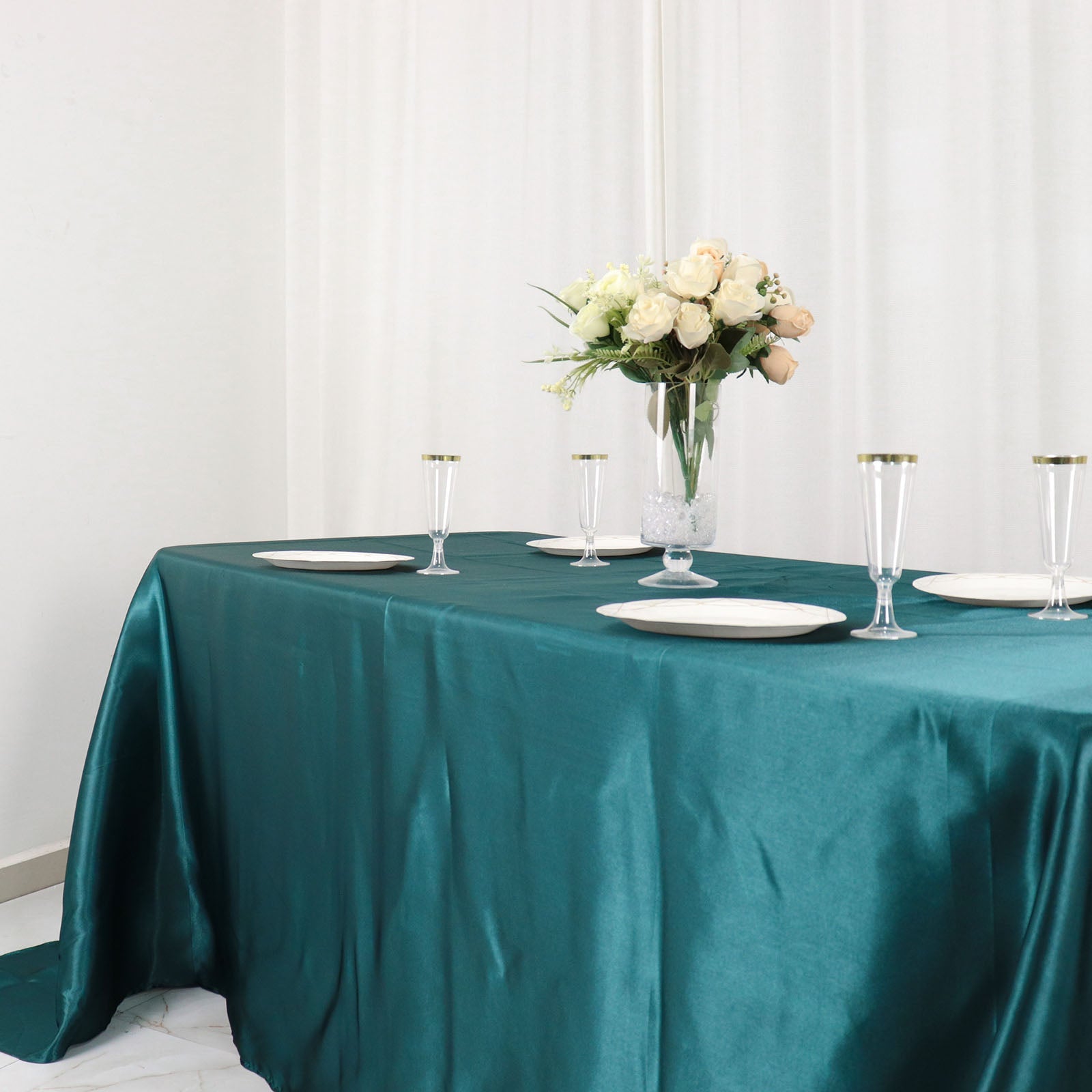 Satin Peacock Teal Rectangular Tablecloth 90x132 Inch Seamless