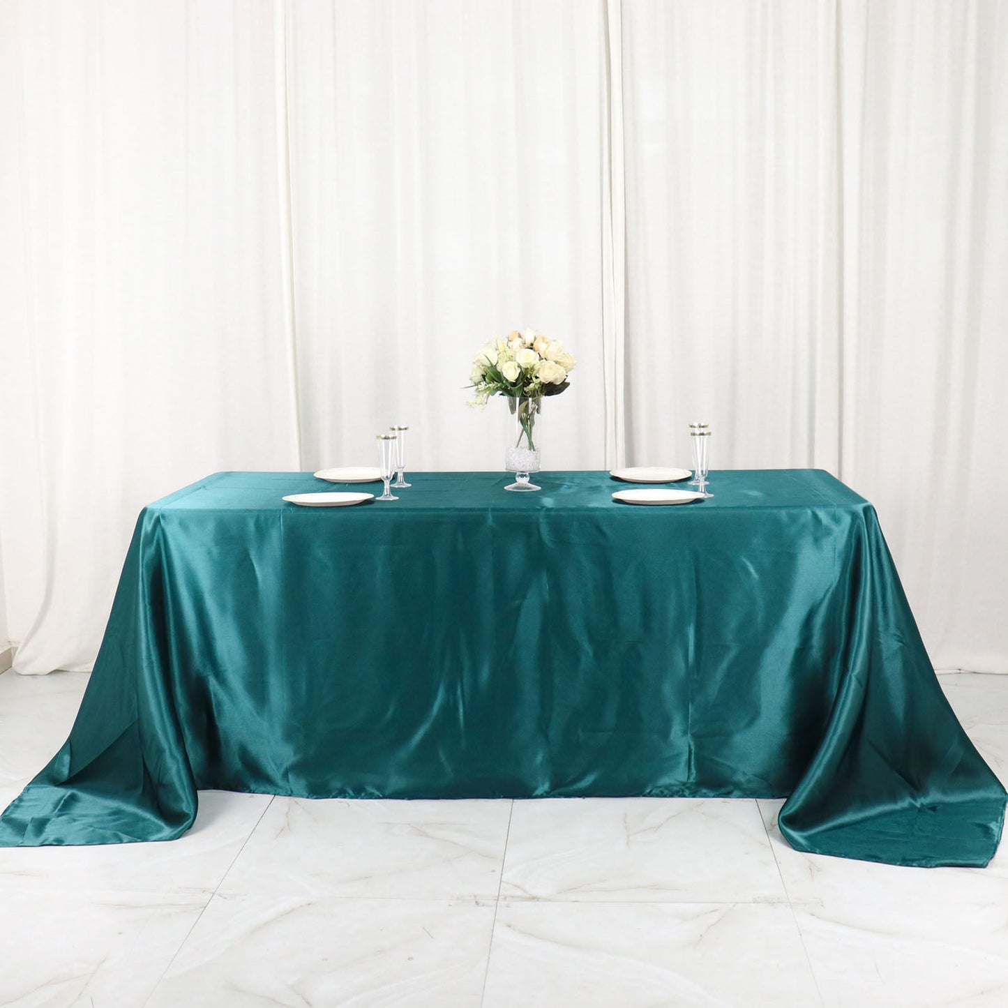 90"x132" Peacock Teal Satin Seamless Rectangular Tablecloth