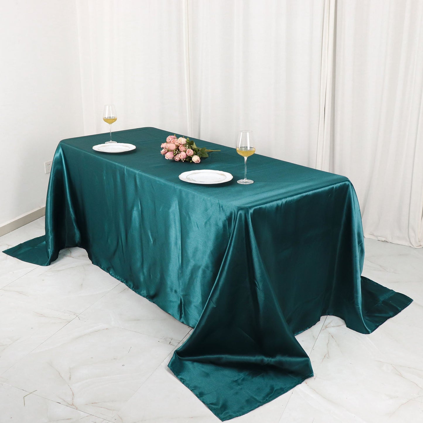 90x132 Inch Rectangular Tablecloth Peacock Teal Satin Seamless