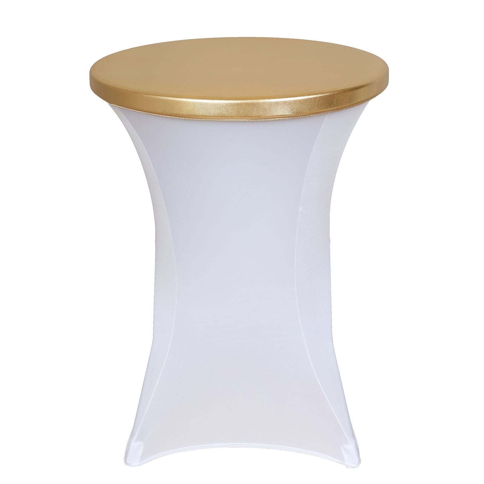 Metallic gold fitted cocktail table cover with a sleek design.