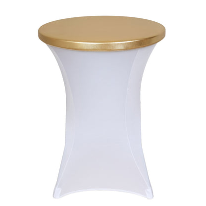 Metallic gold fitted cocktail table cover with a sleek design.