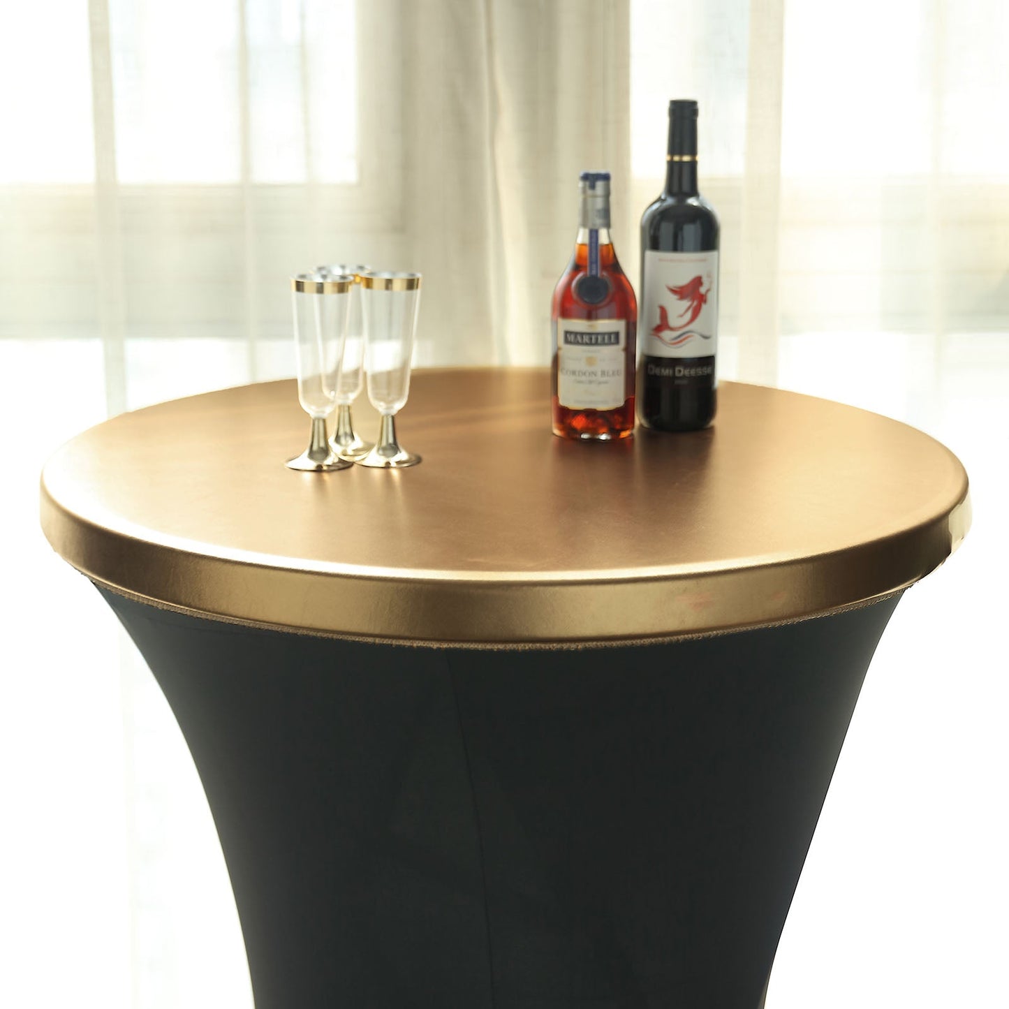 Metallic gold spandex cocktail table cover with fitted design.