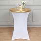 Metallic gold spandex stretch fitted cocktail table top cover on a white table.