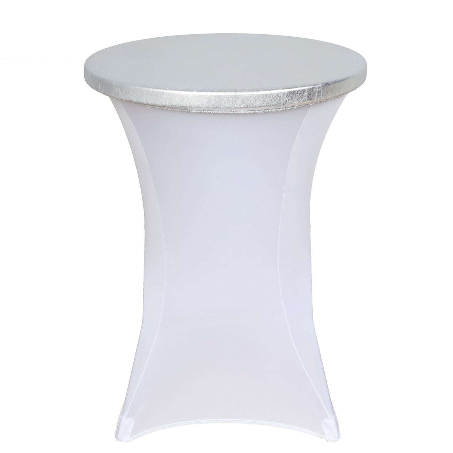 Metallic silver fitted cocktail table cover on a round table.