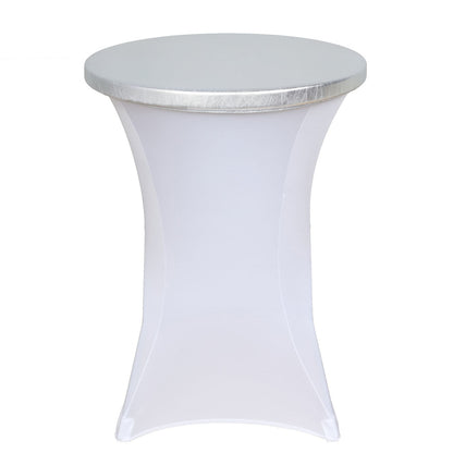 Metallic silver fitted cocktail table cover on a round table.