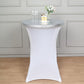 Metallic silver spandex stretch fitted cocktail table cover on a round table.