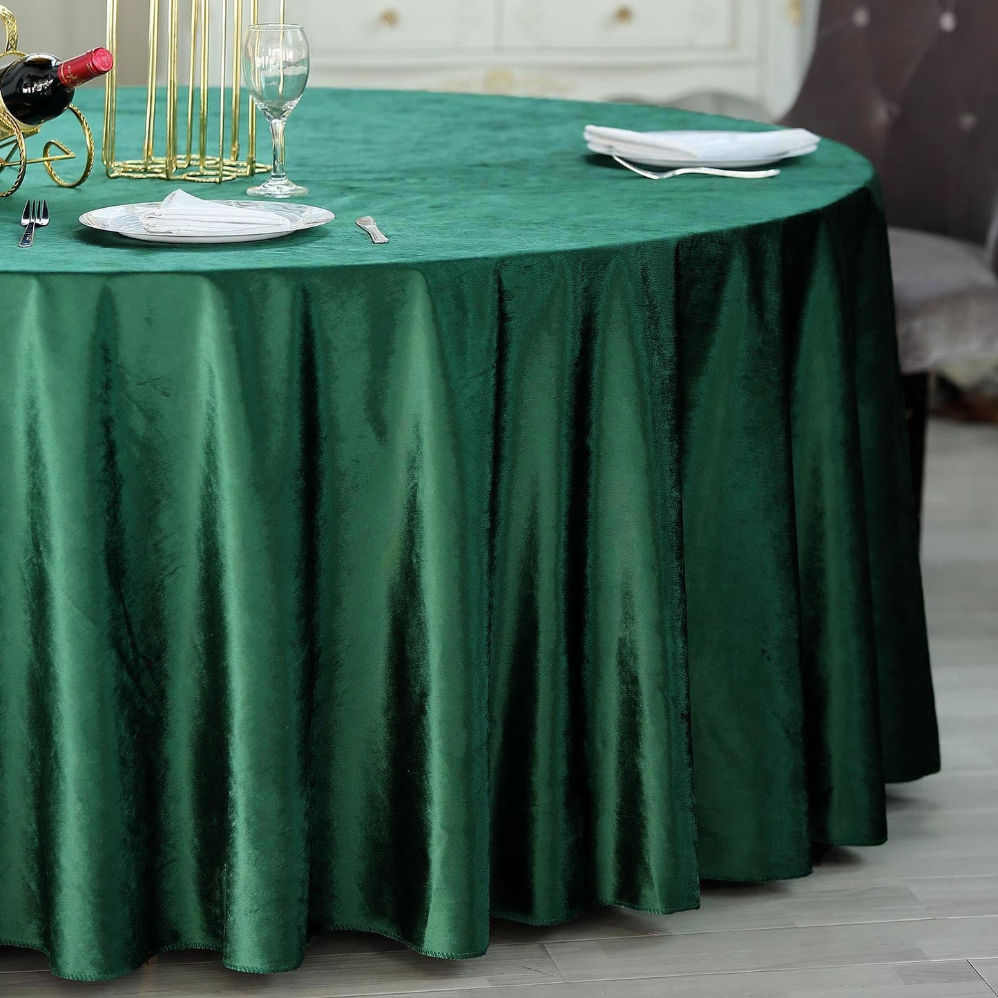 120inch Hunter Emerald Green Seamless Premium Velvet Round Tablecloth, Reusable Linen