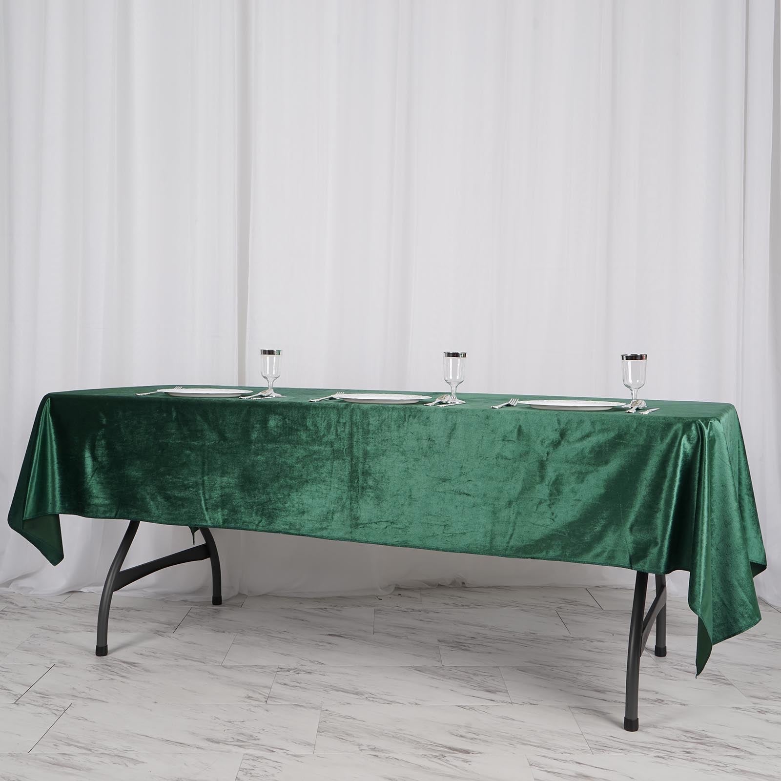 Premium 60 Inch x 102 Inch Seamless Linen Reusable Velvet Rectangle Tablecloth in Hunter Emerald Green Color