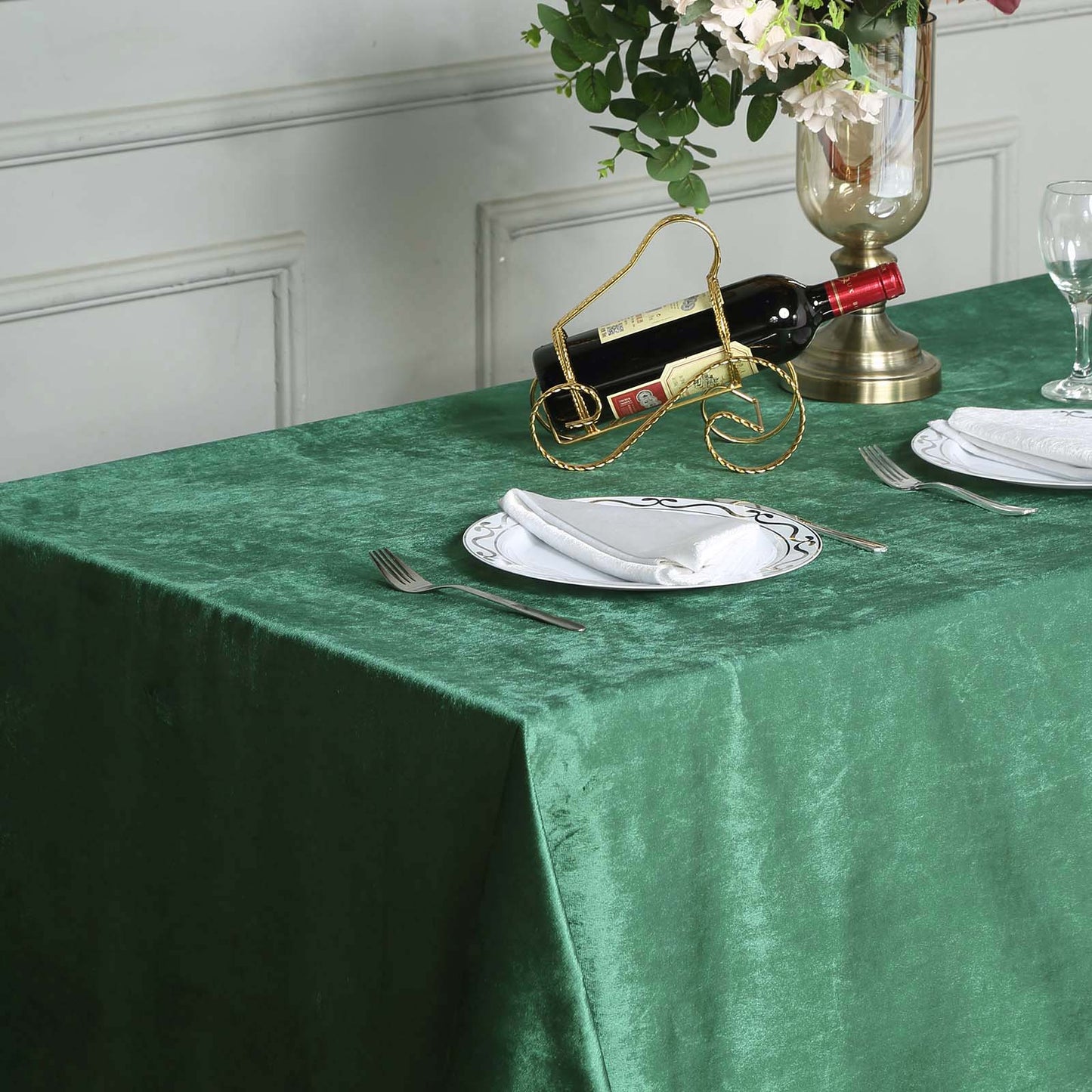 90x132inch Hunter Emerald Green Seamless Premium Velvet Rectangle Tablecloth, Reusable Linen