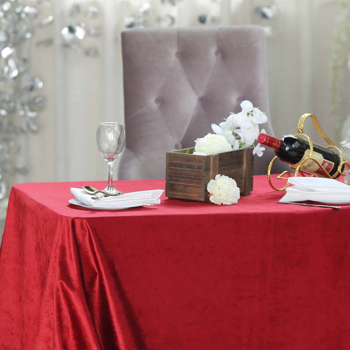 Premium 90 Inch x 132 Inch Seamless Linen Reusable Velvet Rectangle Tablecloth in Burgundy Color