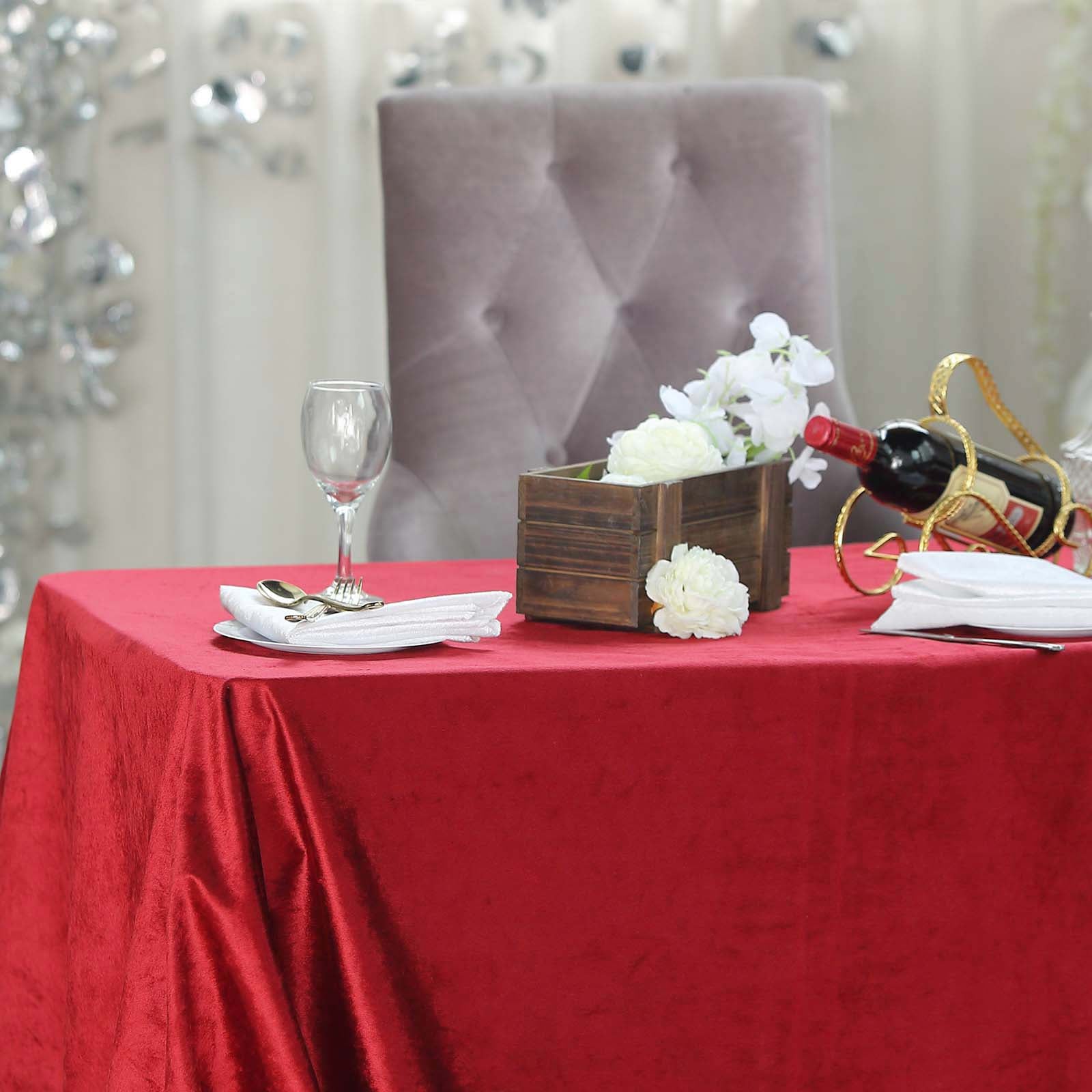 Premium 90 Inch x 132 Inch Seamless Linen Reusable Velvet Rectangle Tablecloth in Burgundy Color