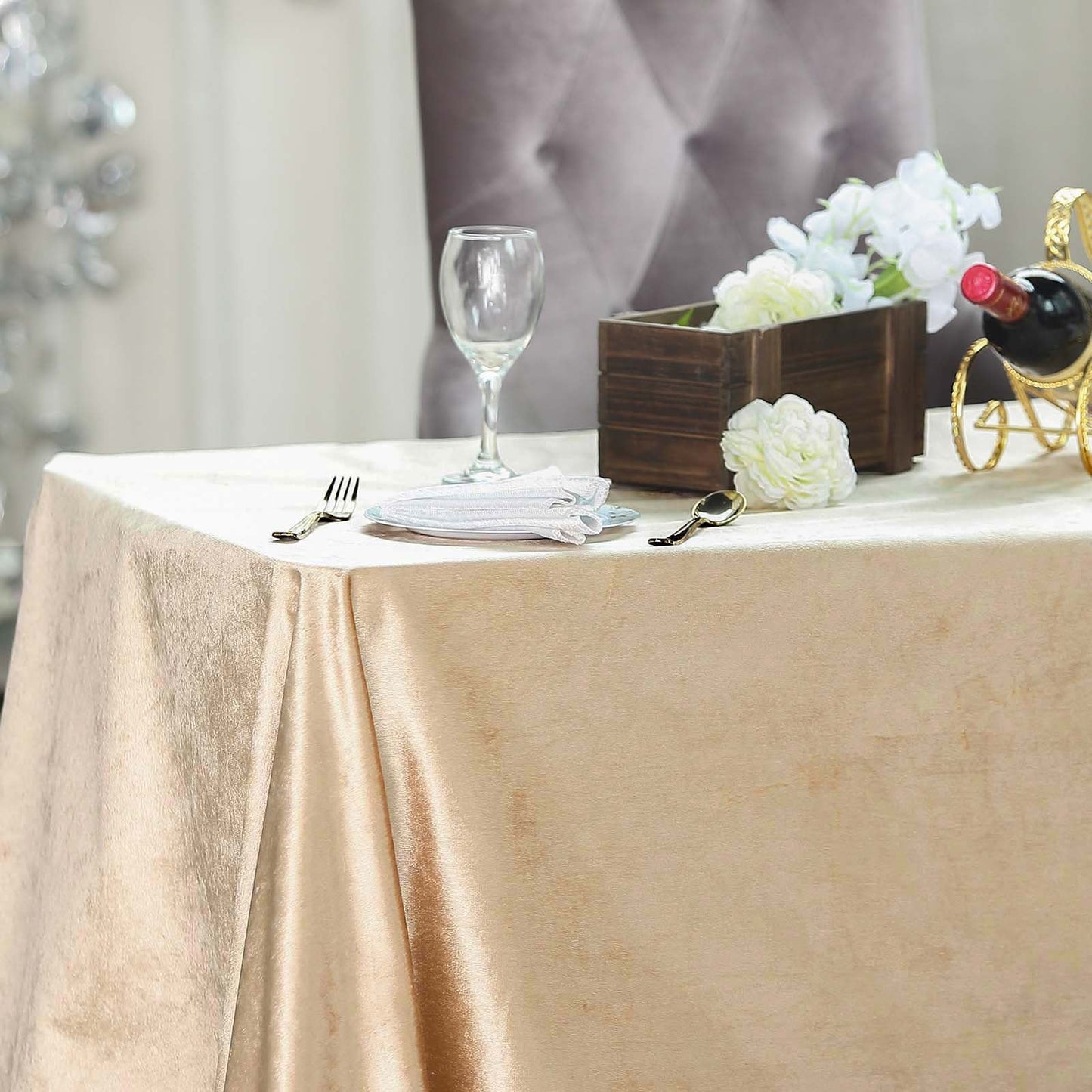 90x132inches Champagne Seamless Premium Velvet Rectangle Tablecloth, Reusable Linen
