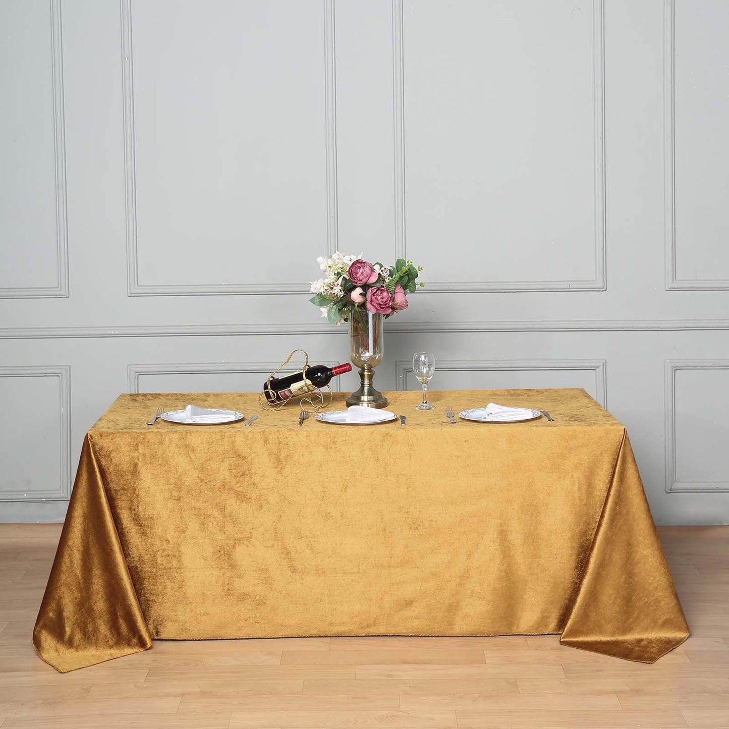90"x132" Gold Seamless Premium Velvet Rectangle Tablecloth, Reusable Linen