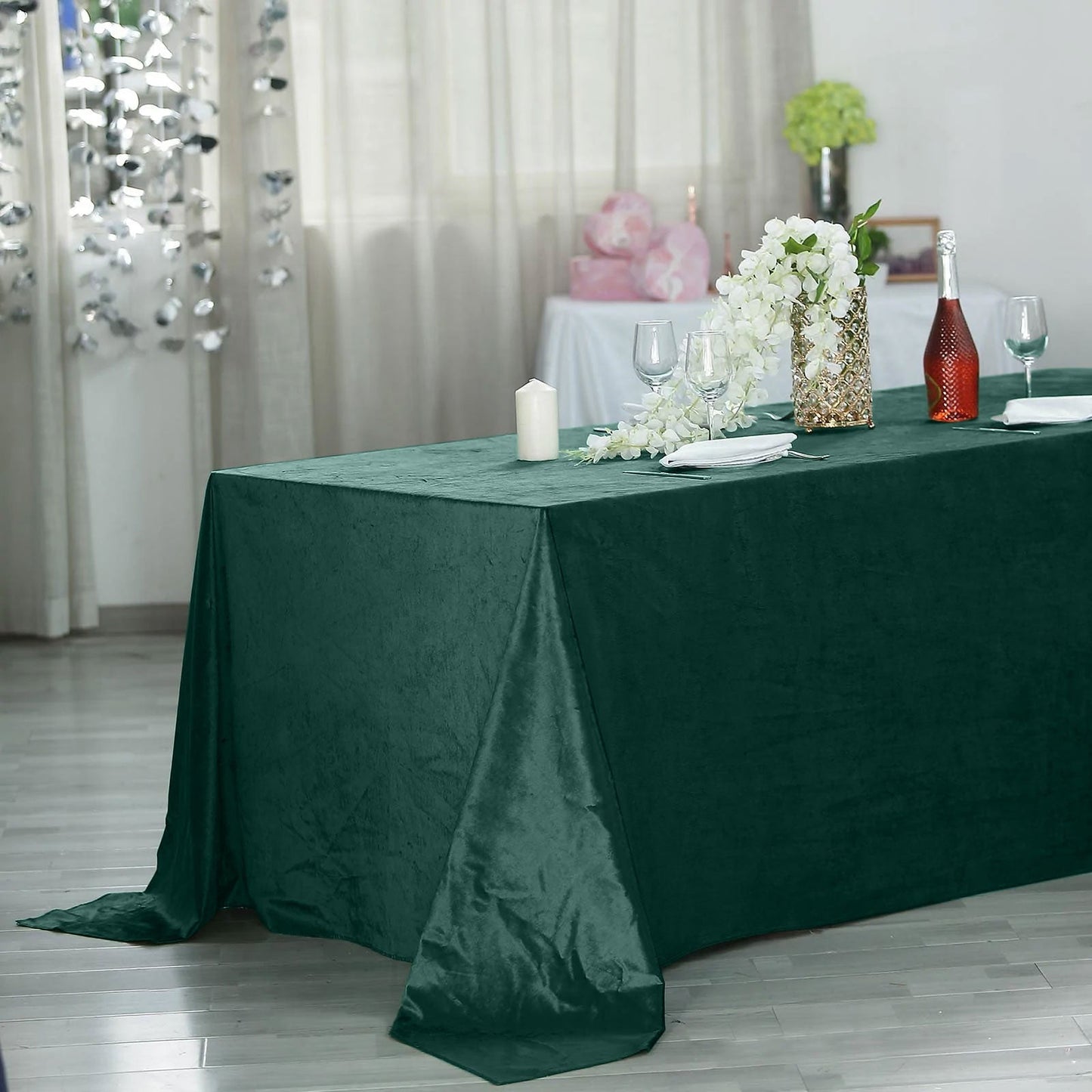 90"x156" Hunter Emerald Green Seamless Premium Velvet Rectangle Tablecloth, Reusable Linen