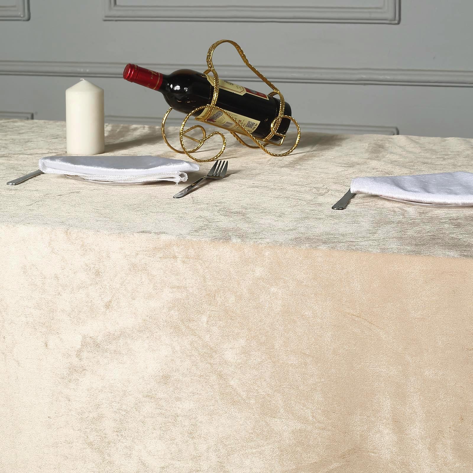 Premium 90 Inch x 156 Inch Seamless Linen Reusable Velvet Rectangle Tablecloth in Champagne Color 