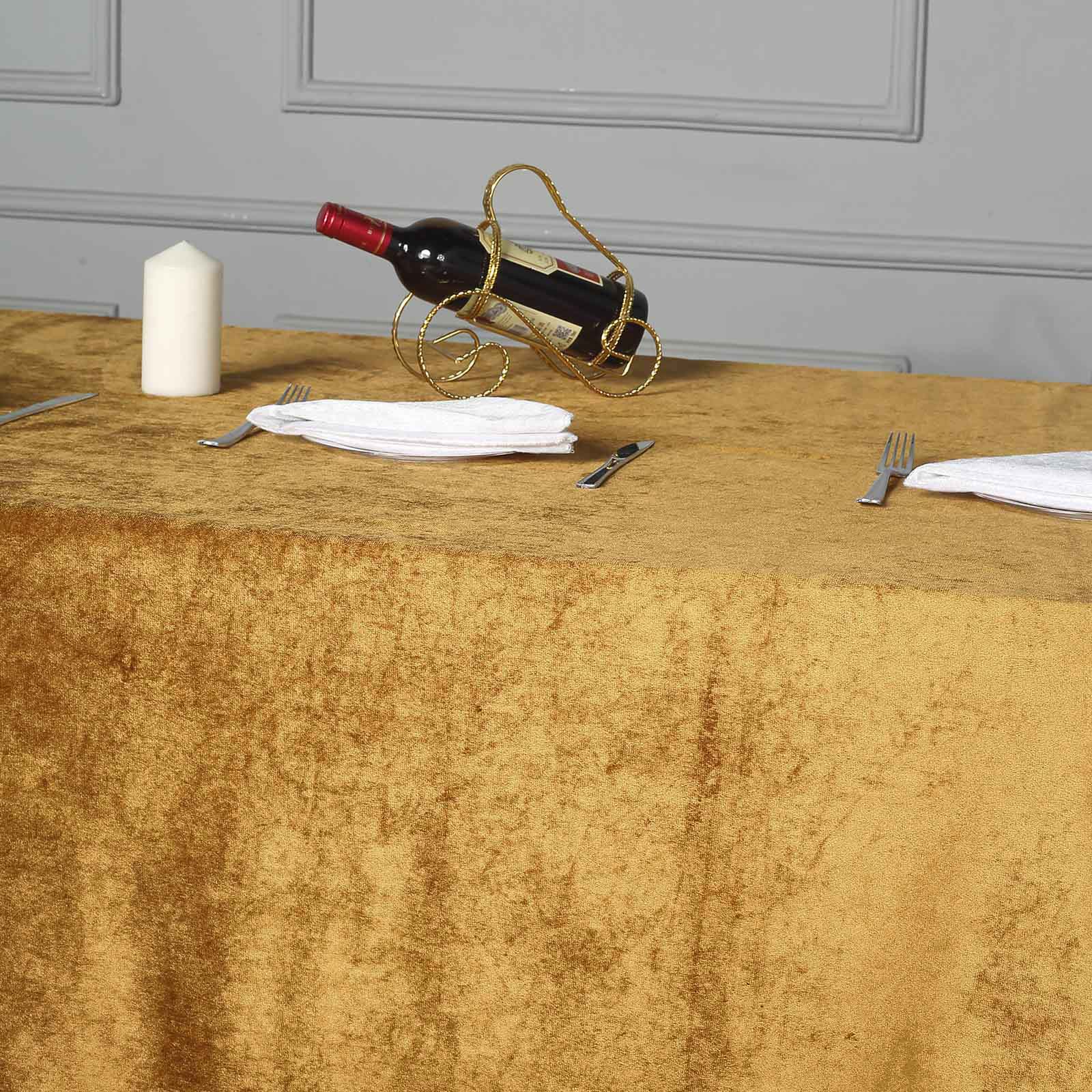 Premium 90 Inch x 156 Inch Seamless Linen Reusable Velvet Rectangle Tablecloth in Gold Color 