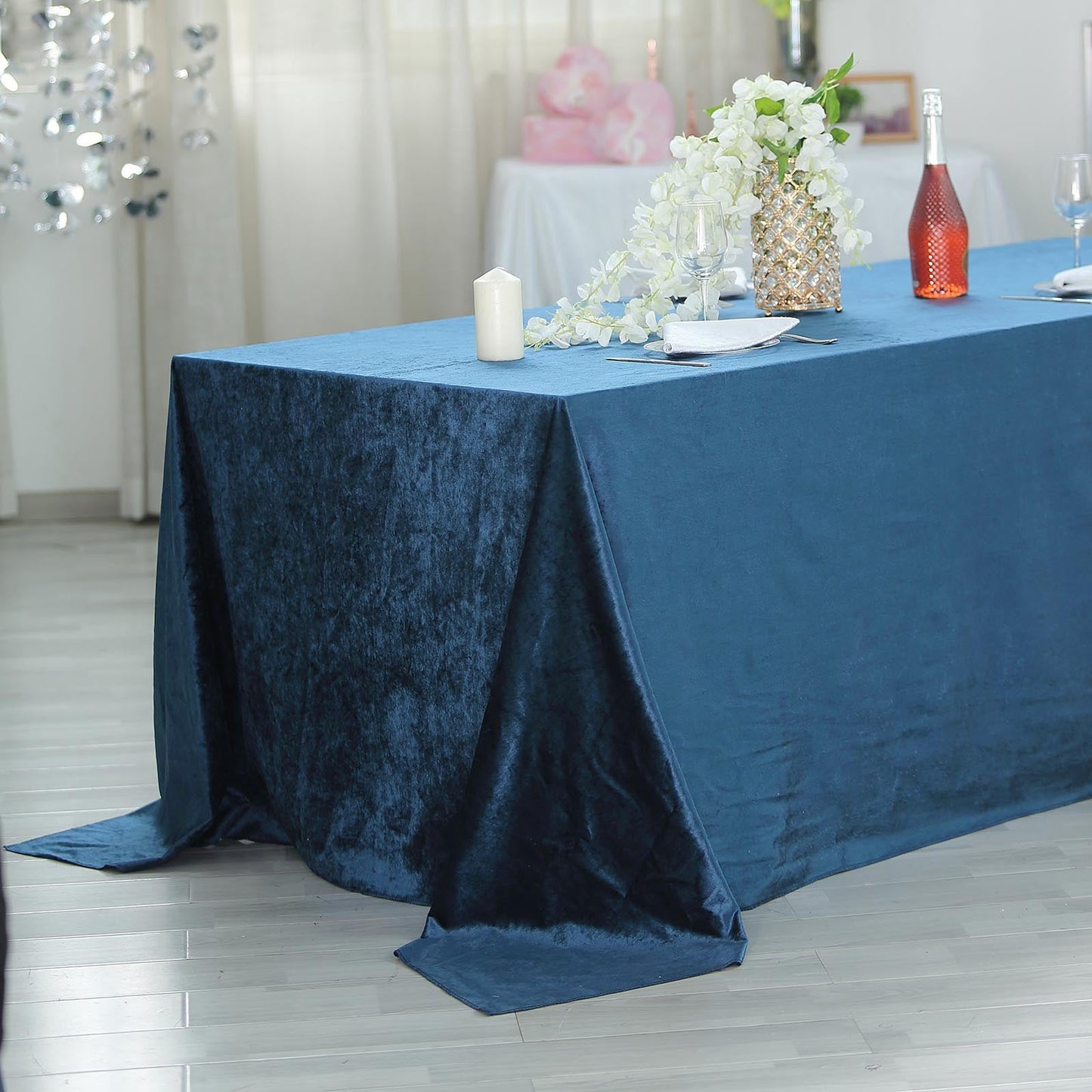 90"x156" Navy Blue Seamless Premium Velvet Rectangle Tablecloth, Reusable Linen