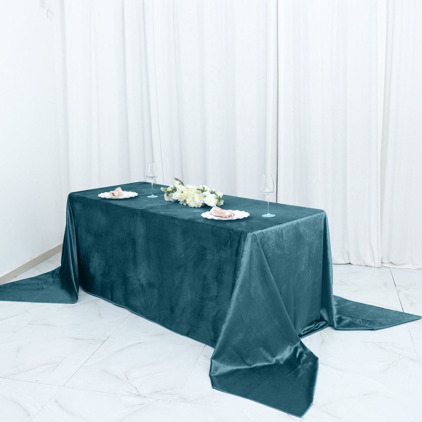 Premium Peacock Teal Velvet Rectangle Seamless Reusable Linen Tablecloth 90 Inch x 156 Inch 